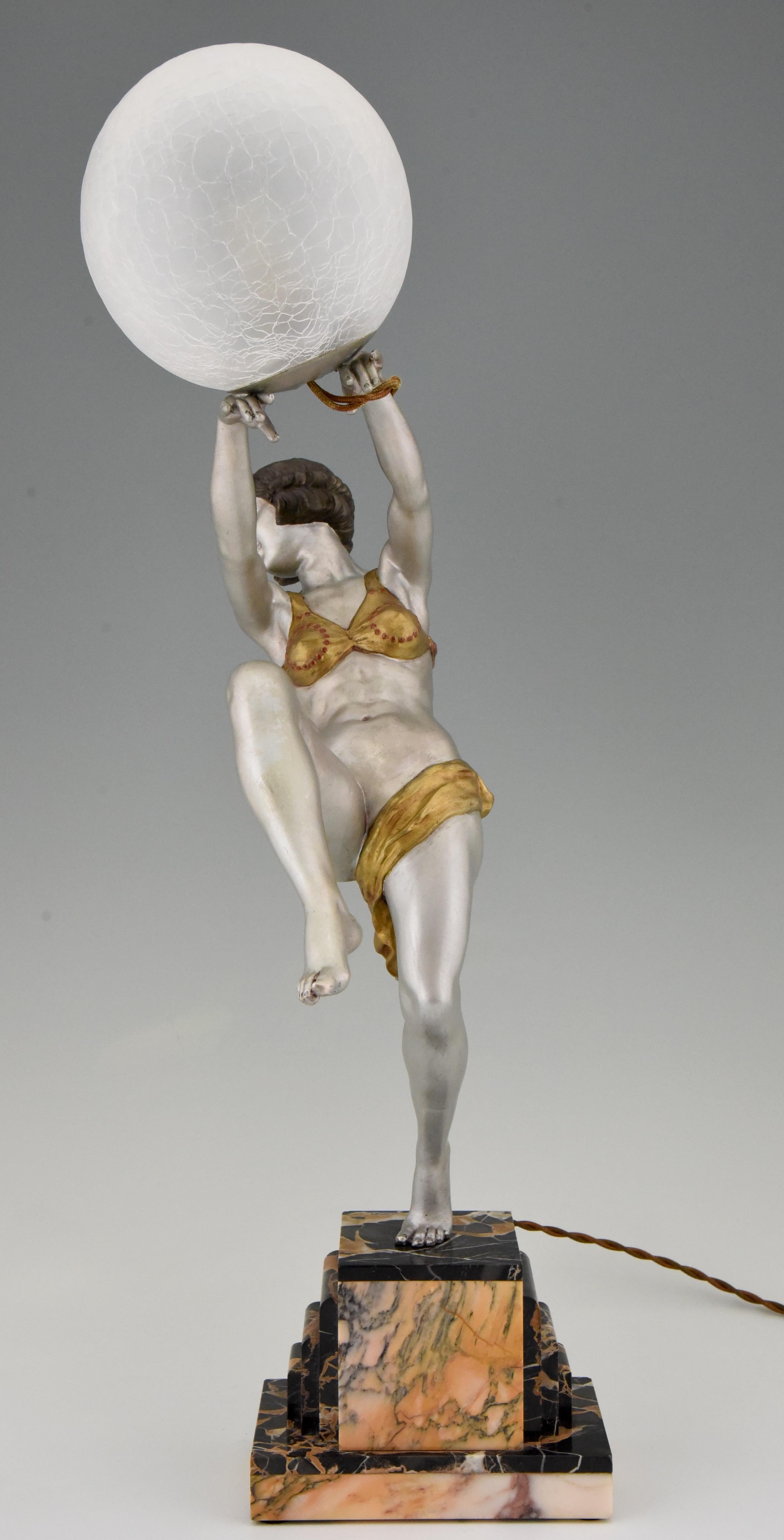 20th Century Art Deco Lamp Dancing Nude Lady Holding a Glass Ball Emile Carlier, France, 1930