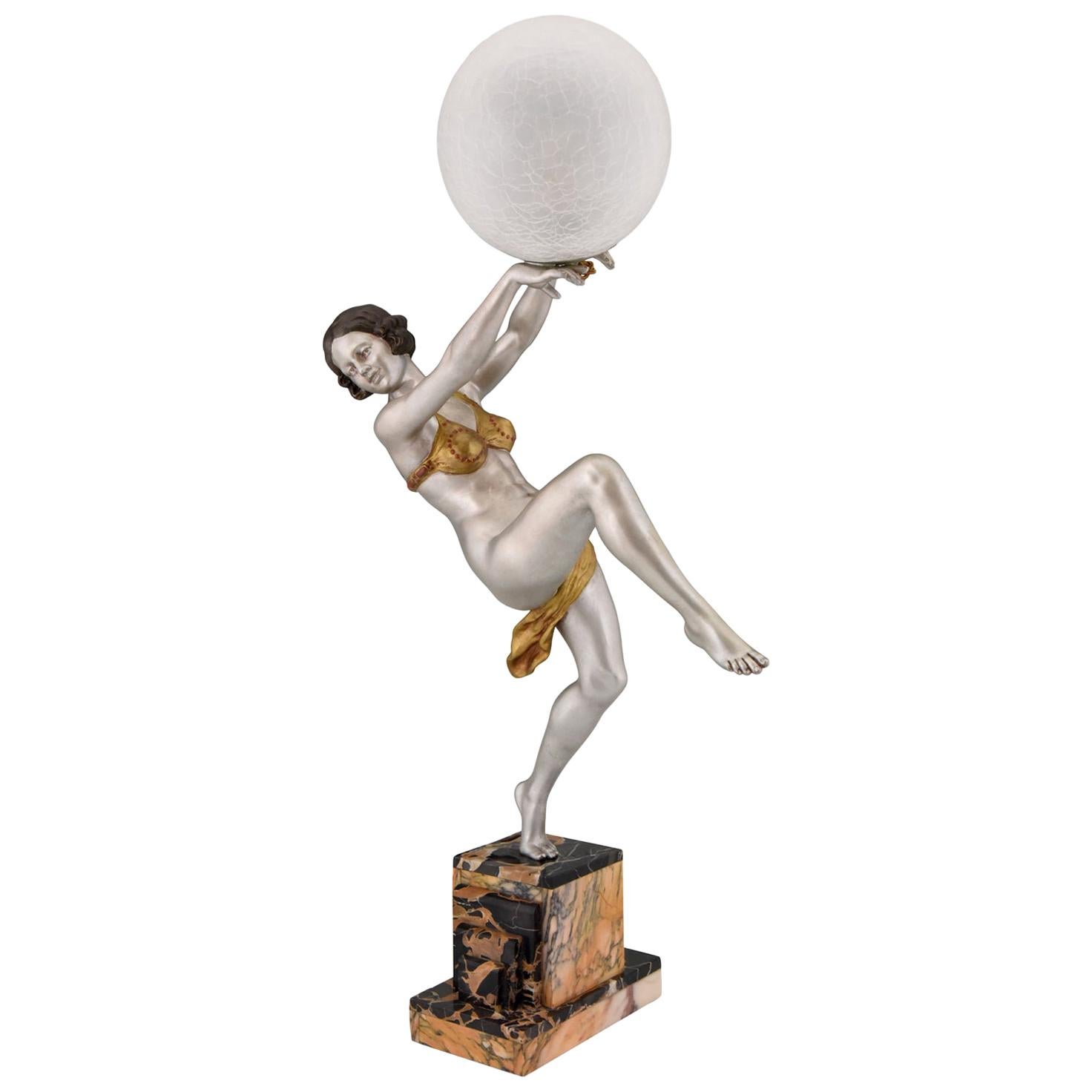 Art Deco Lamp Dancing Nude Lady Holding a Glass Ball Emile Carlier, France, 1930