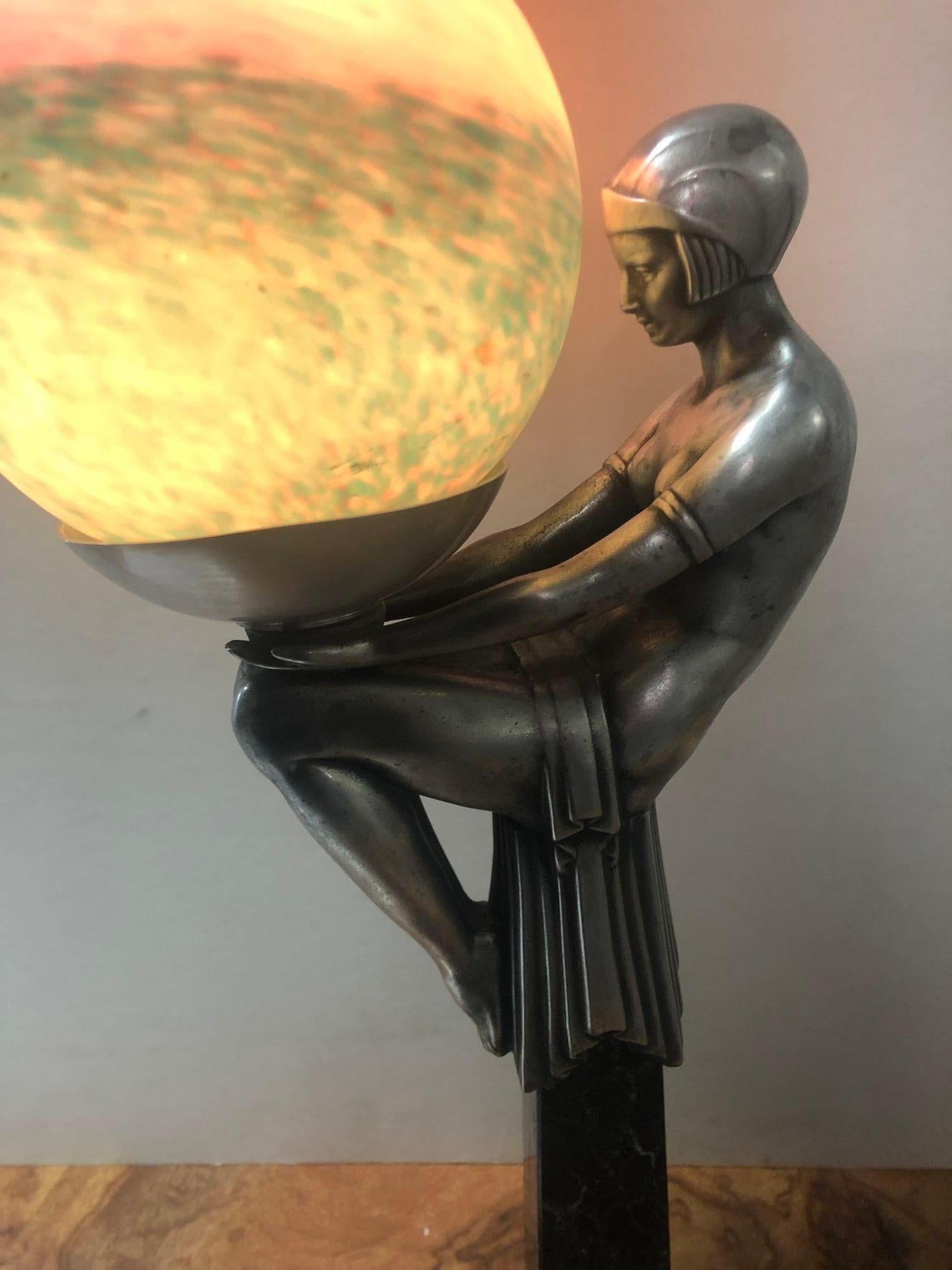 Art Deco Lamp Figurine Lady Holding Colored Globe For Sale 4