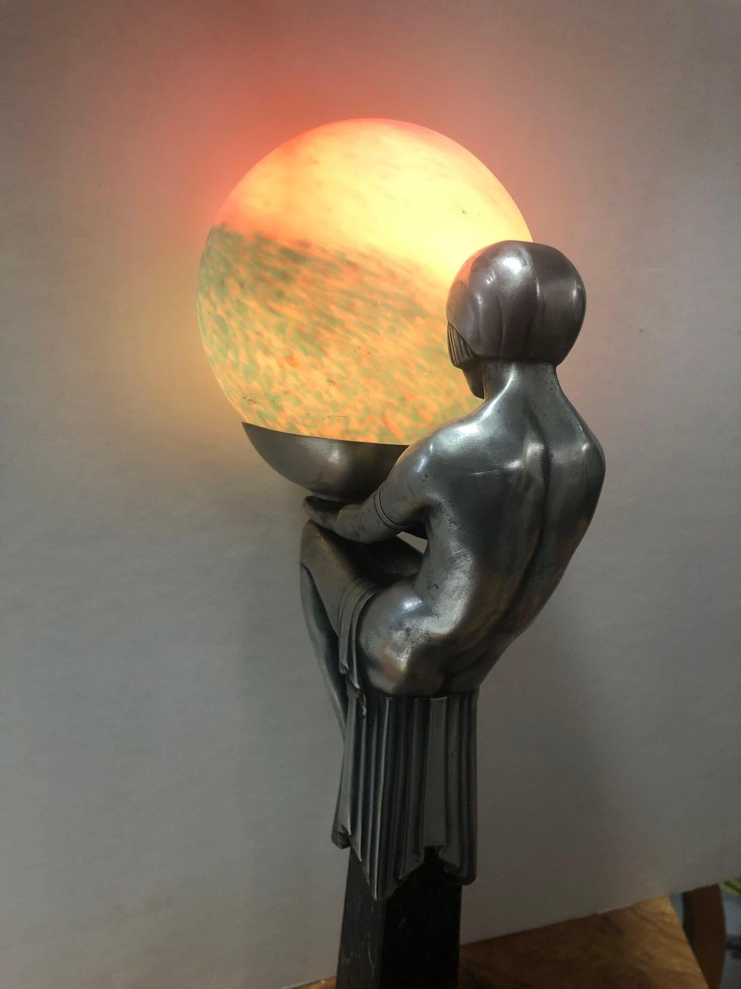 Art Deco Lamp Figurine Lady Holding Colored Globe For Sale 5