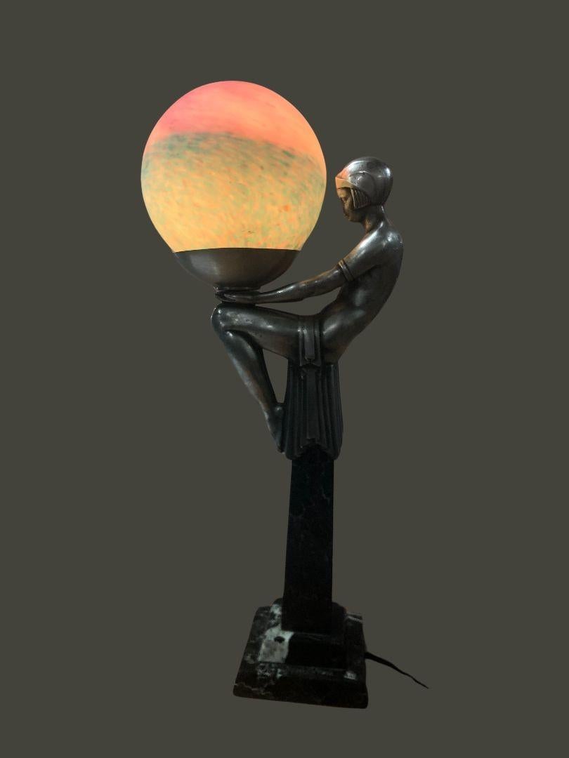 Metal Art Deco Lamp Figurine Lady Holding Colored Globe For Sale