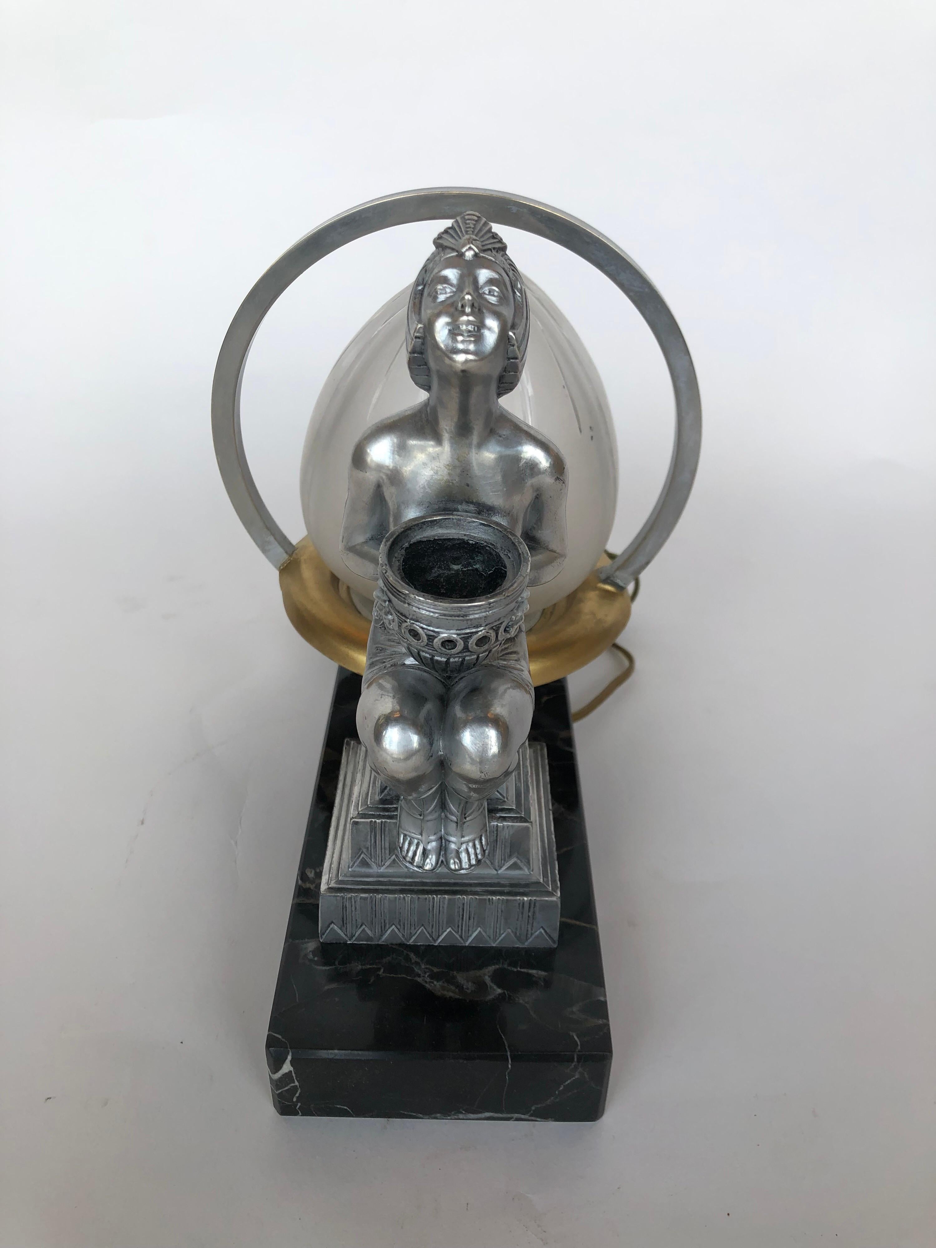 French bronze silver plated Art Deco Lamp with girl.