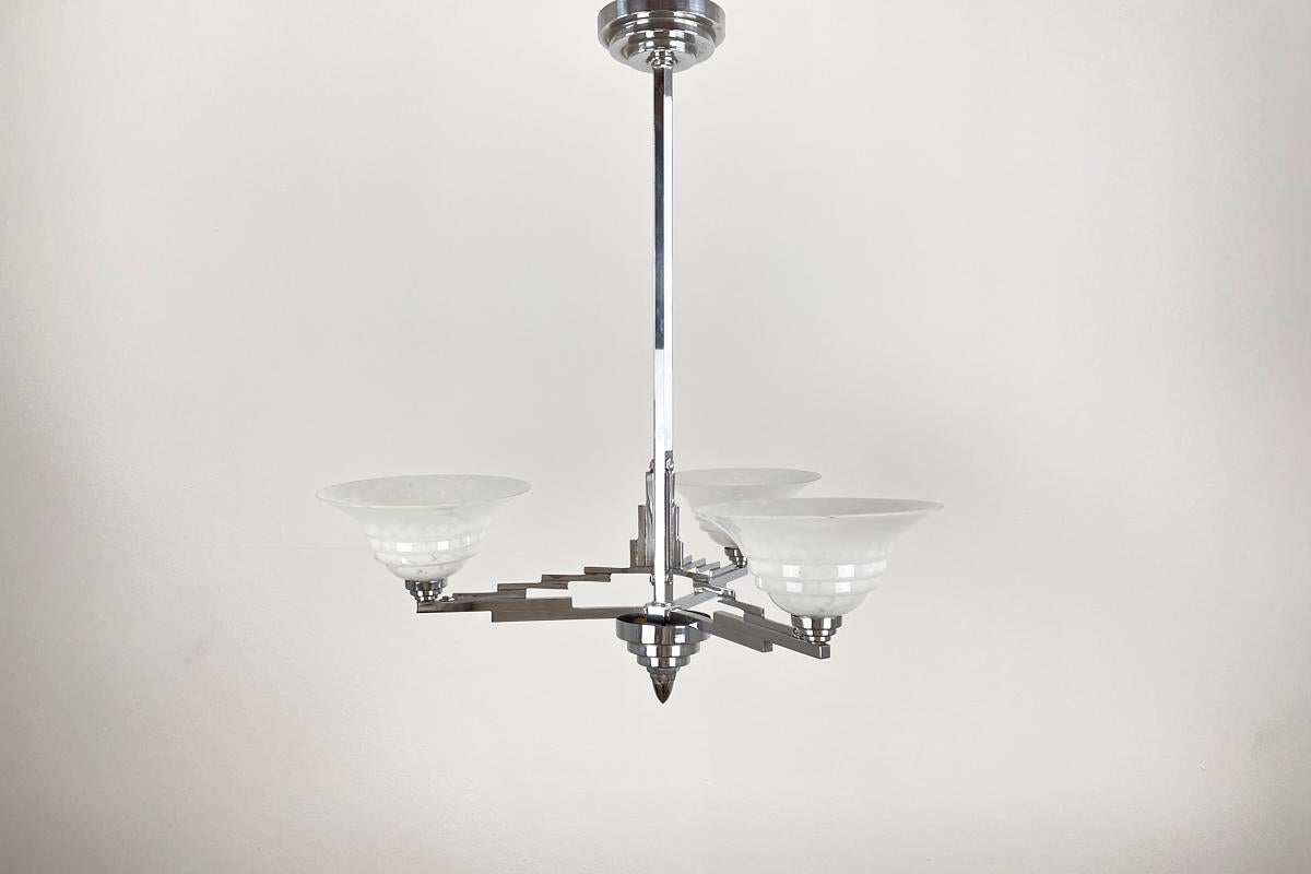 Early 20th Century Art Deco Lamp France around 1925 Chrome Stepped Shape with White Glass For Sale