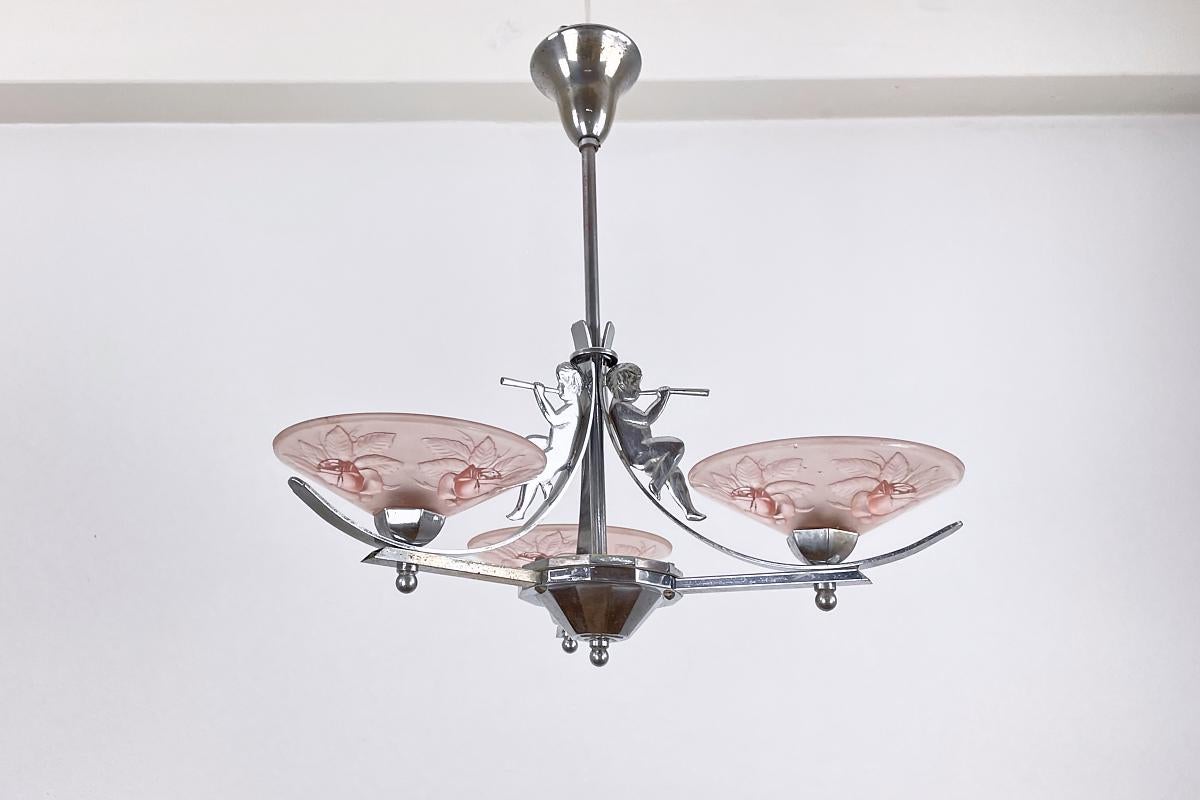 Art Deco Lamp France Around 1925 Chrome with Angels and Pink Glass with Florals 4