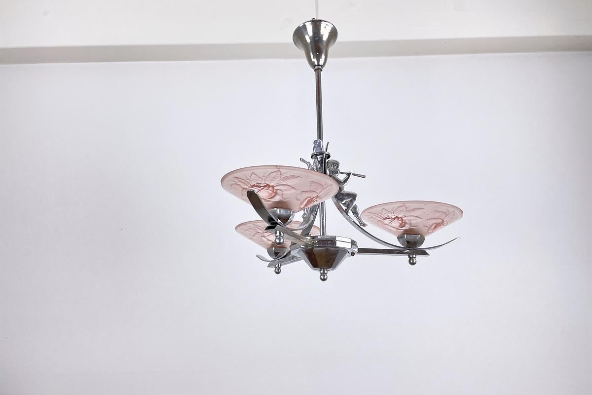Art Deco Lamp France Around 1925 Chrome with Angels and Pink Glass with Florals 5