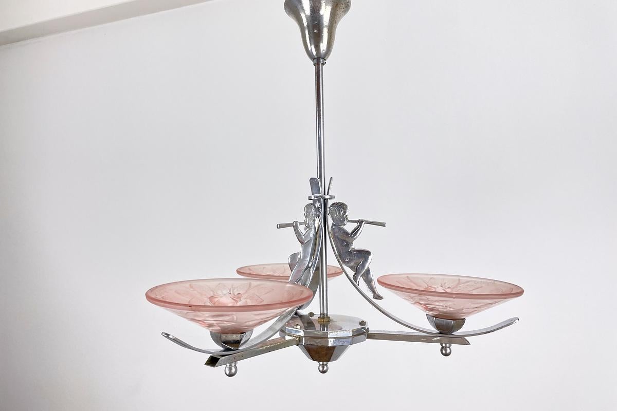 Hand-Crafted Art Deco Lamp France Around 1925 Chrome with Angels and Pink Glass with Florals