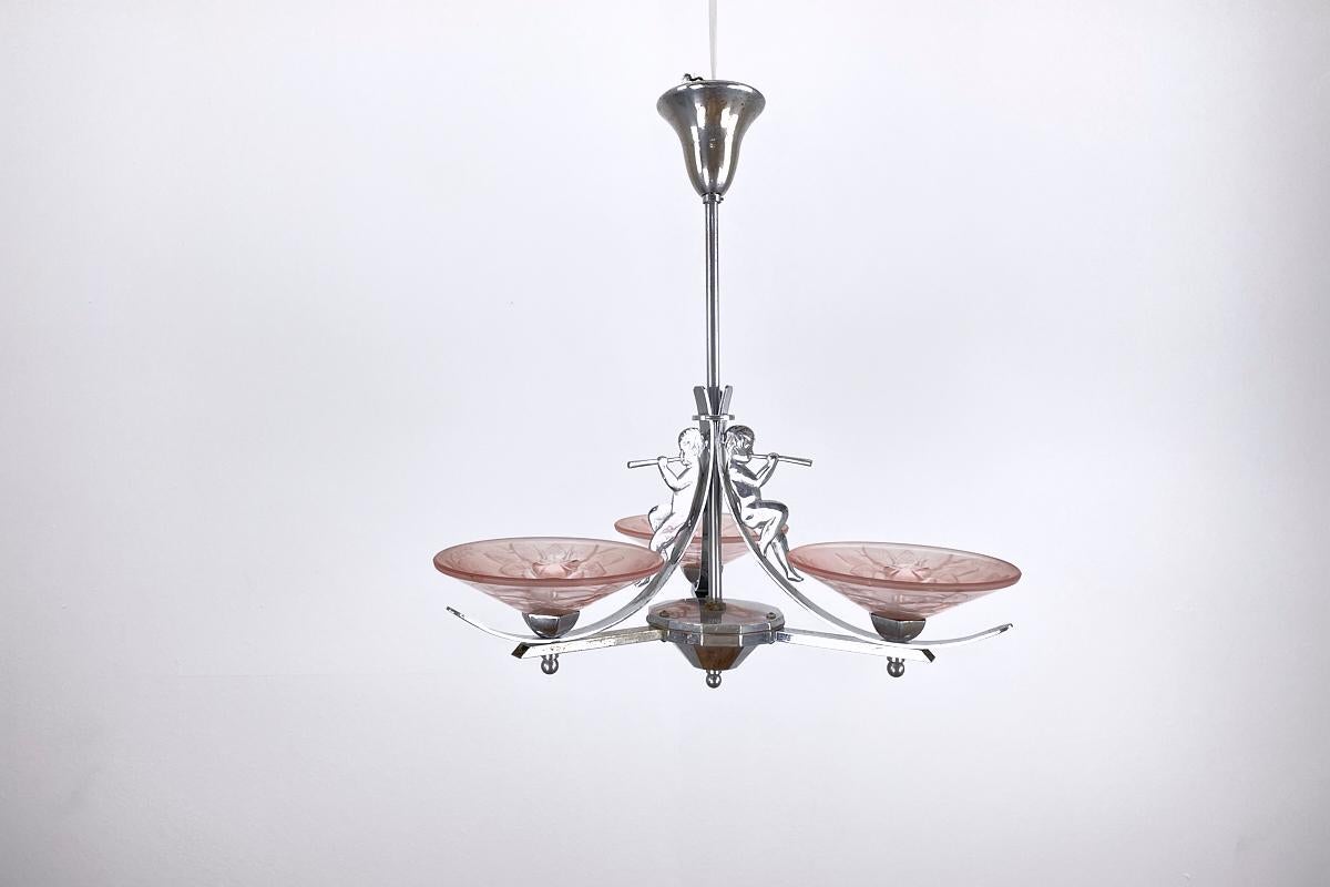 Art Deco Lamp France Around 1925 Chrome with Angels and Pink Glass with Florals In Good Condition In Greven, DE