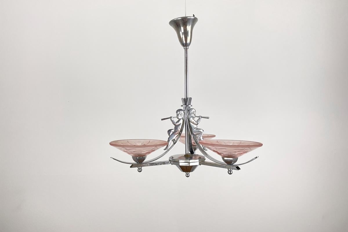 Early 20th Century Art Deco Lamp France Around 1925 Chrome with Angels and Pink Glass with Florals