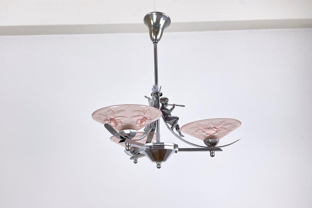 Art Deco Lamp France Around 1925 Chrome with Angels and Pink Glass with Florals 2