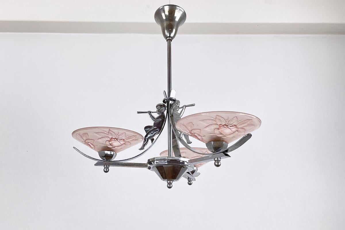 Art Deco Lamp France Around 1925 Chrome with Angels and Pink Glass with Florals 3