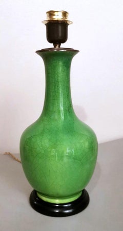 Art Deco Lamp French "Craquelè" Green Ceramic Wood Base without Lampshade