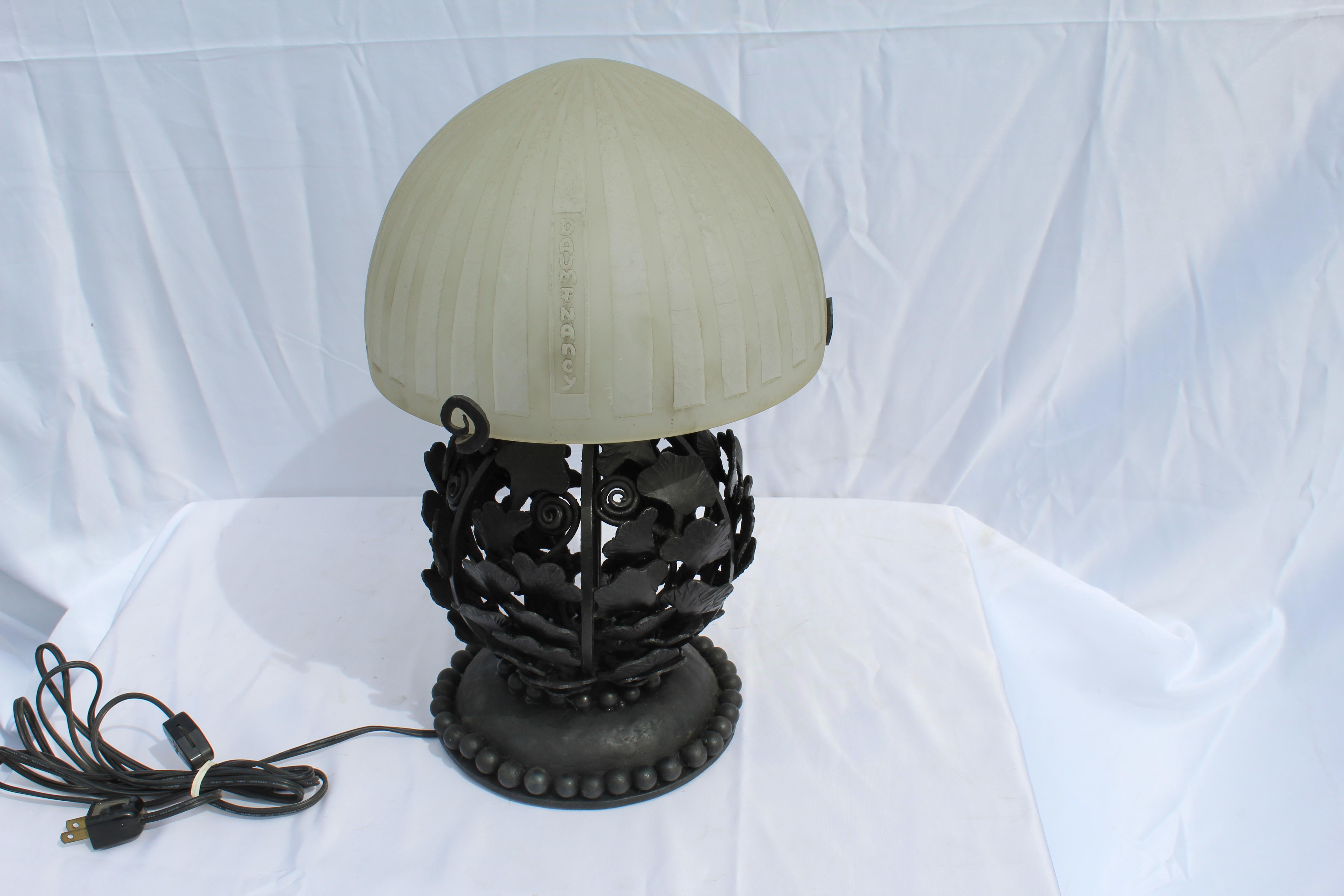 North American Art Deco Lamp Glass and Forged Iron Base after E.Brandt and Daum For Sale