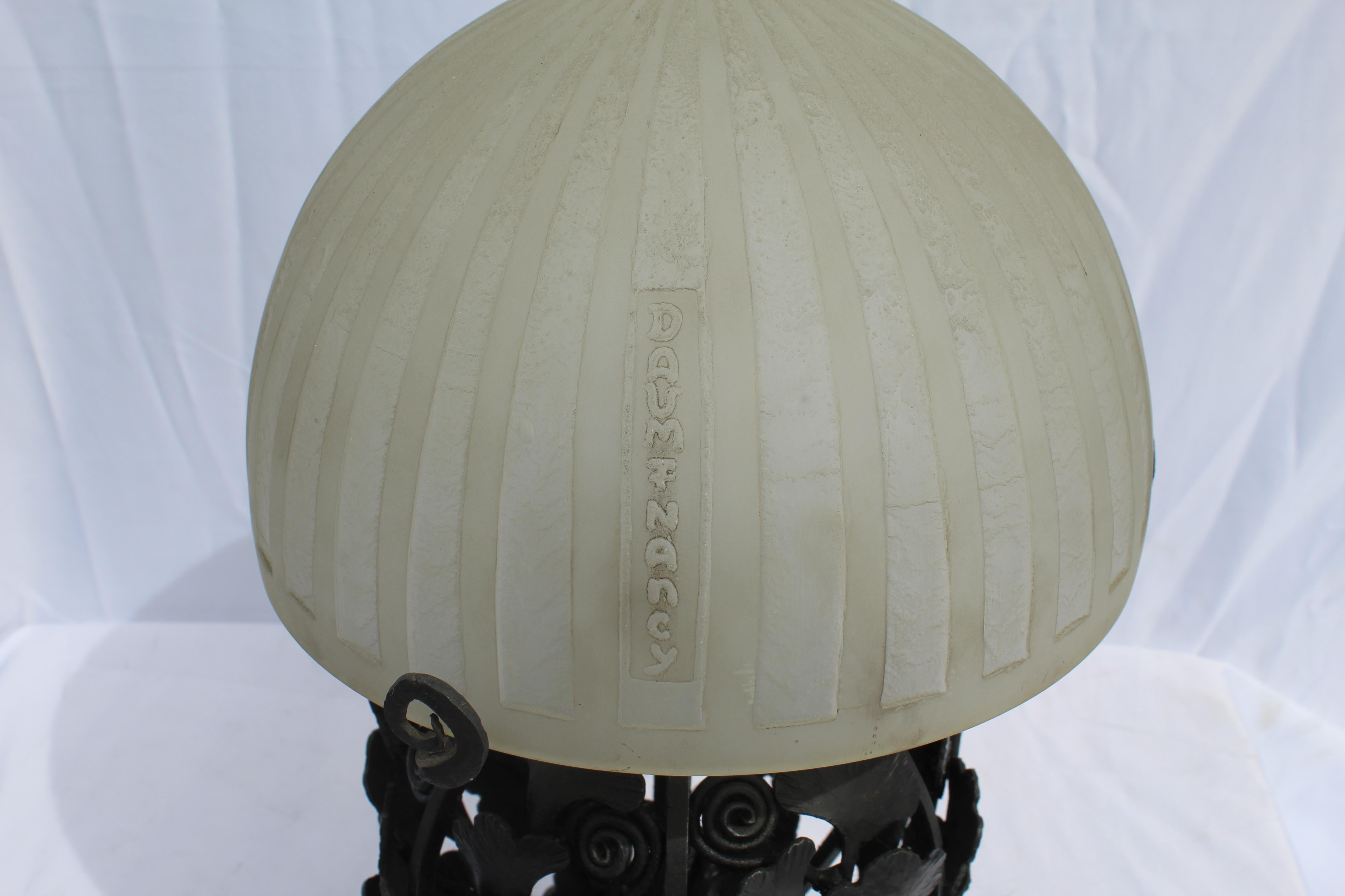 Art Deco Lamp Glass and Forged Iron Base after E.Brandt and Daum In Good Condition For Sale In Los Angeles, CA