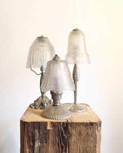 Art Deco Table Lamp, Engraved Glass & Metal, 1920s-1930s