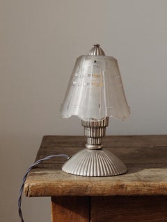 Art Deco Table Lamp, Engraved Glass & Metal, 1920s-1930s