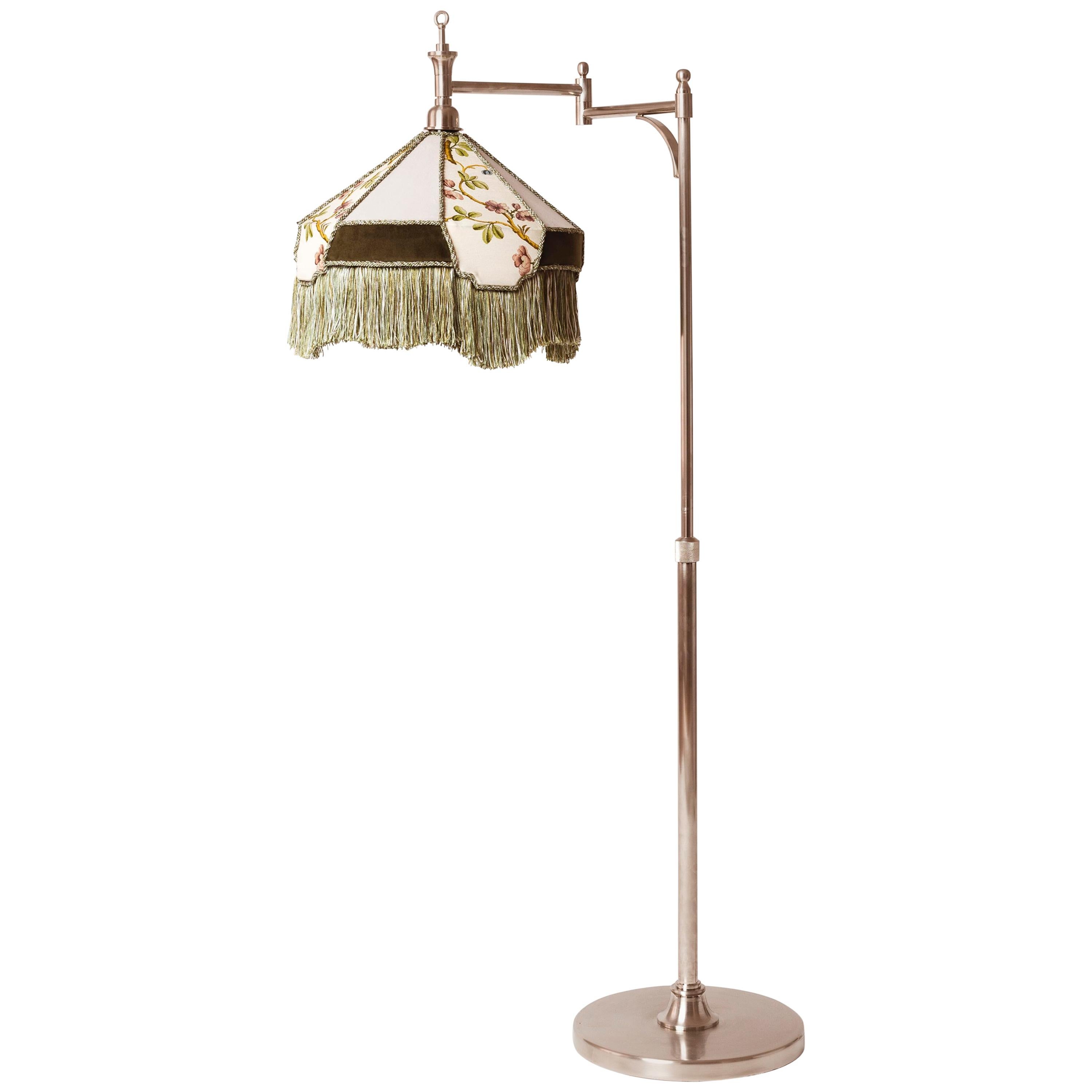 Art Deco Lamp in Brass, Finish in Polished Nickel, Lamp Shade with Embroidery 1 For Sale