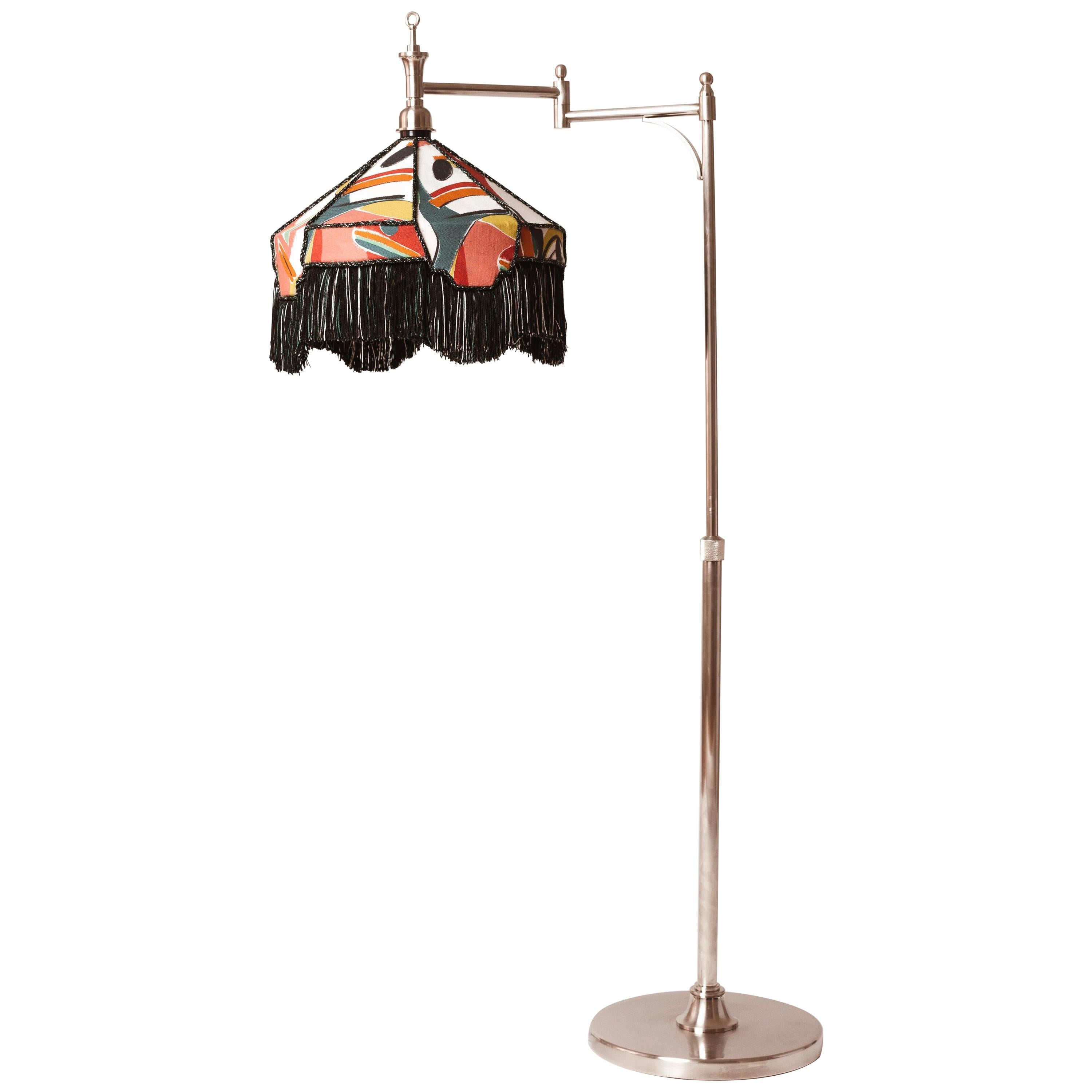 Deco Style Lamp in Brass, Finish in Polished Nickel, Lamp Shade with Embroidery