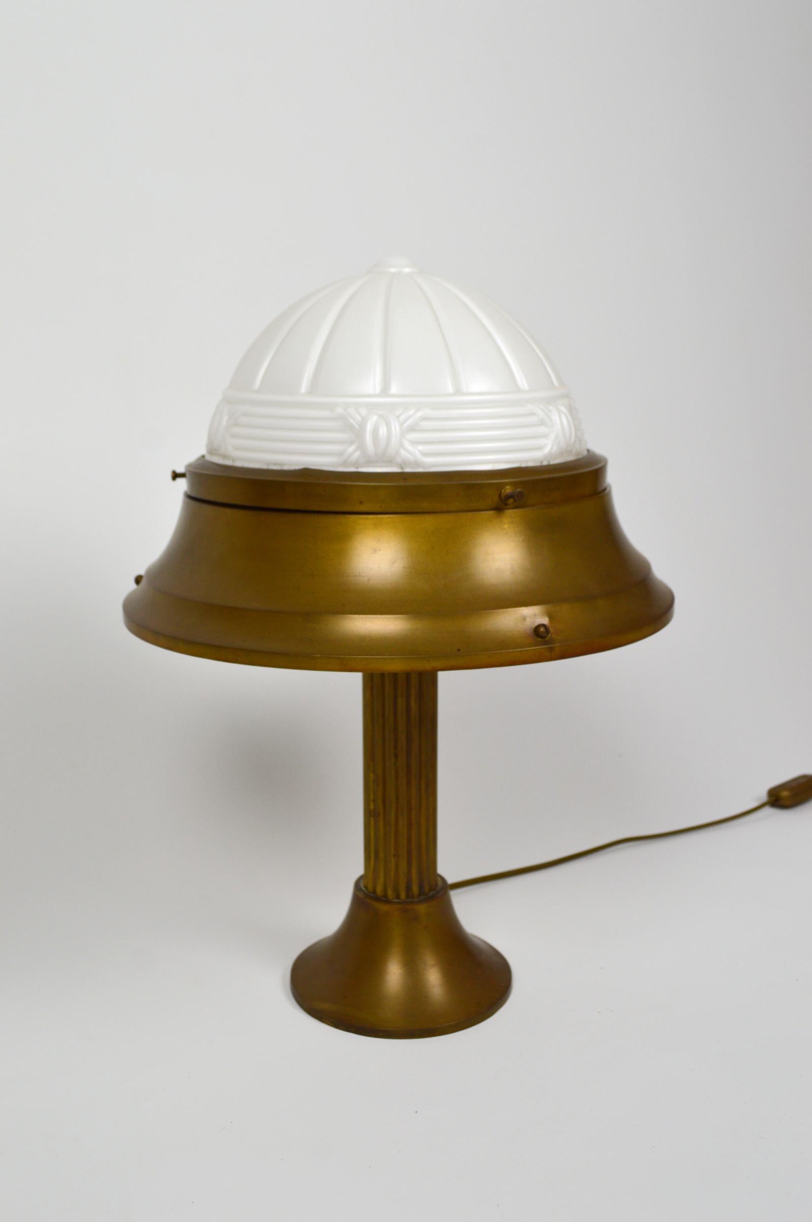 French Art Deco Lamp in Patinated Brass and Molded Glass, France, circa 1930 For Sale