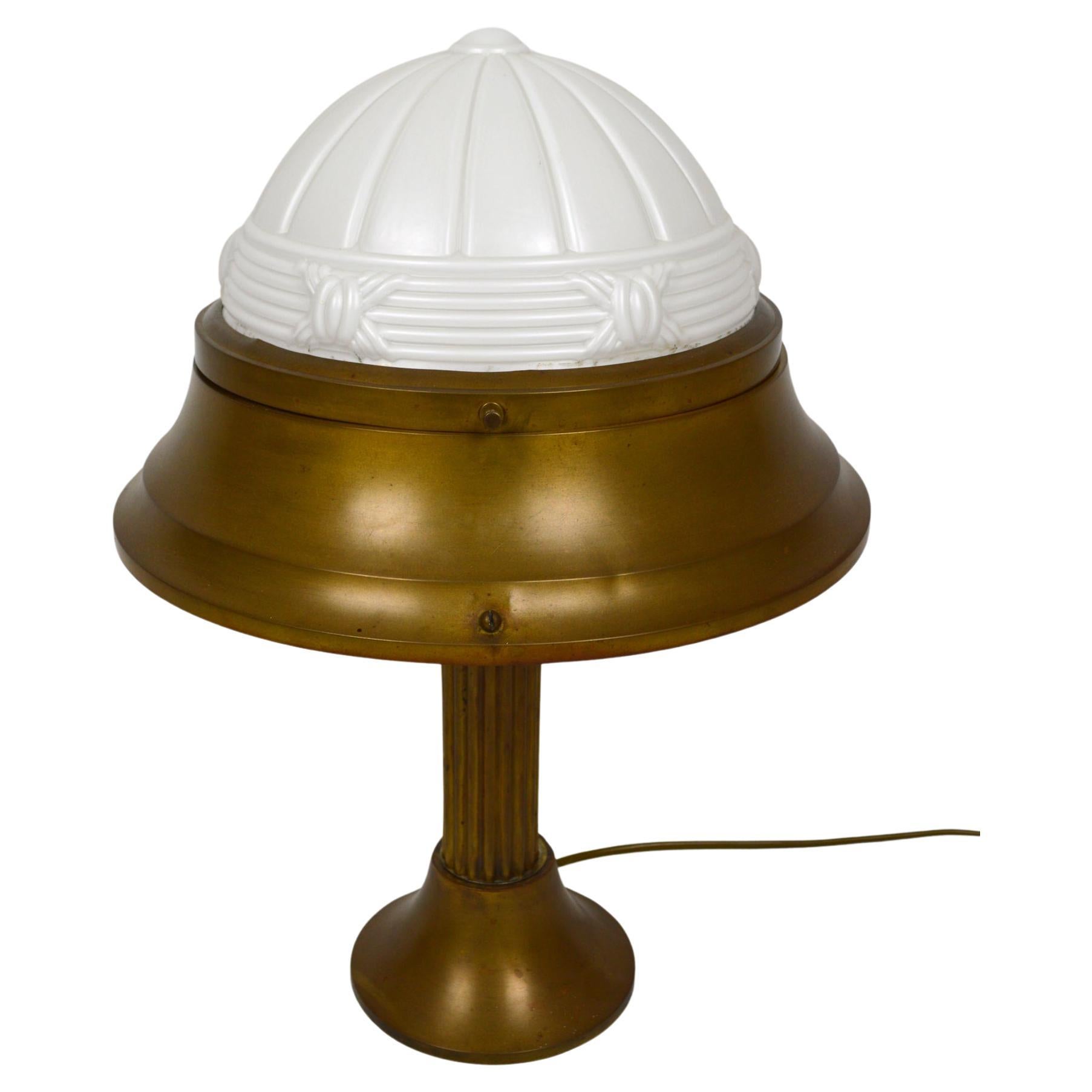 Art Deco Lamp in Patinated Brass and Molded Glass, France, circa 1930 For Sale