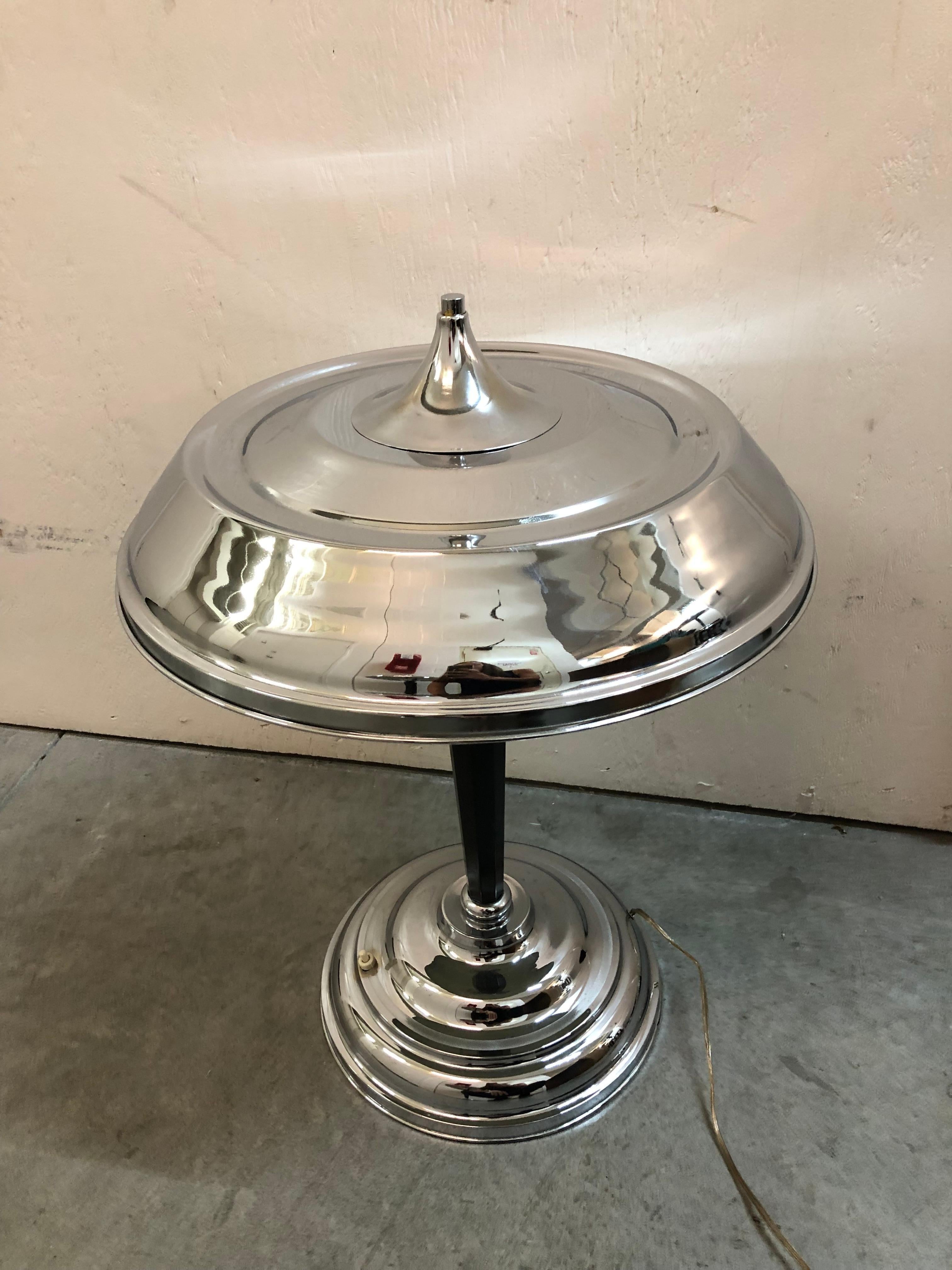 Desk lamp Art deco.

Materia: chromed and wood
Style: Art Deco
Country: German
To take care of your property and the lives of our customers, the new wiring has been done.
If you want to live in the golden years, this is the Desk lamp that your