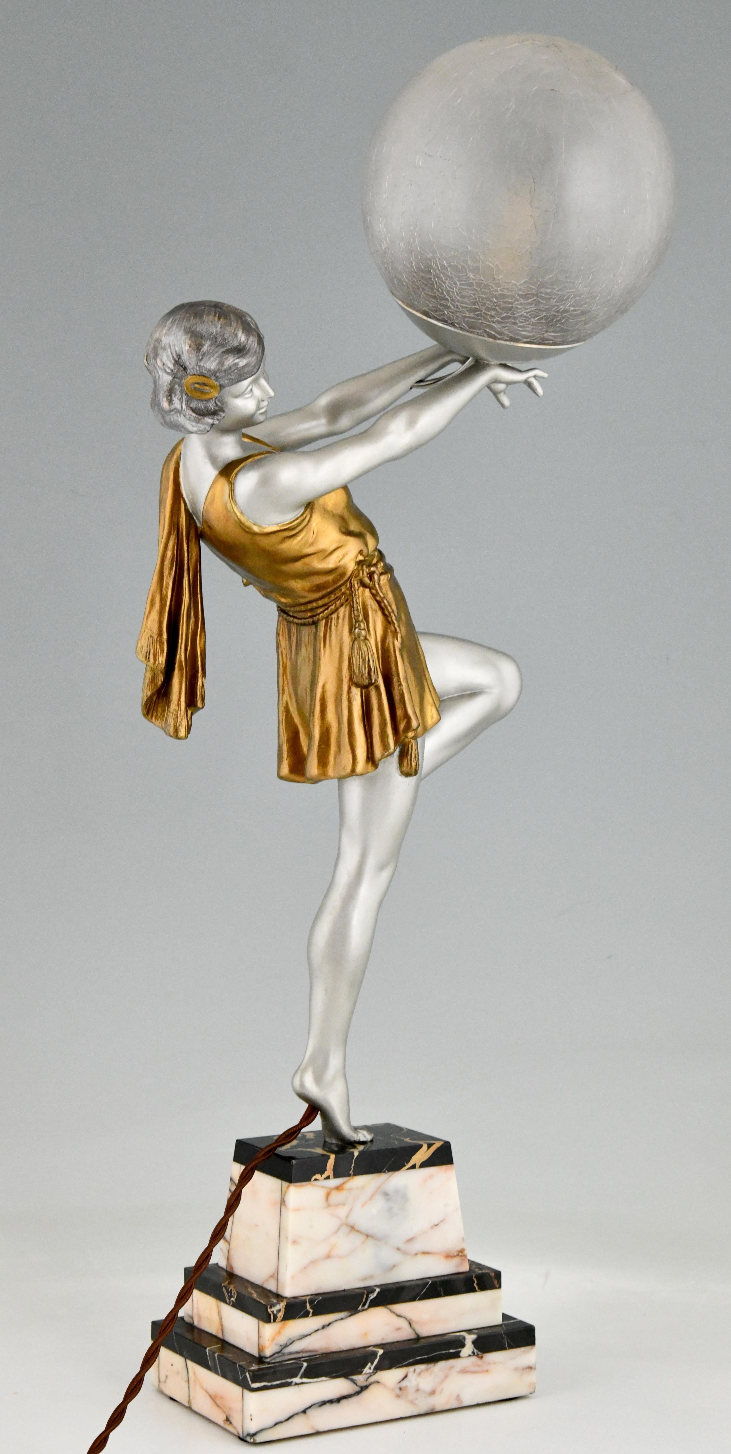 Art Deco Lamp Lady Holding a Ball by Emile Carlier, France, 1930 3