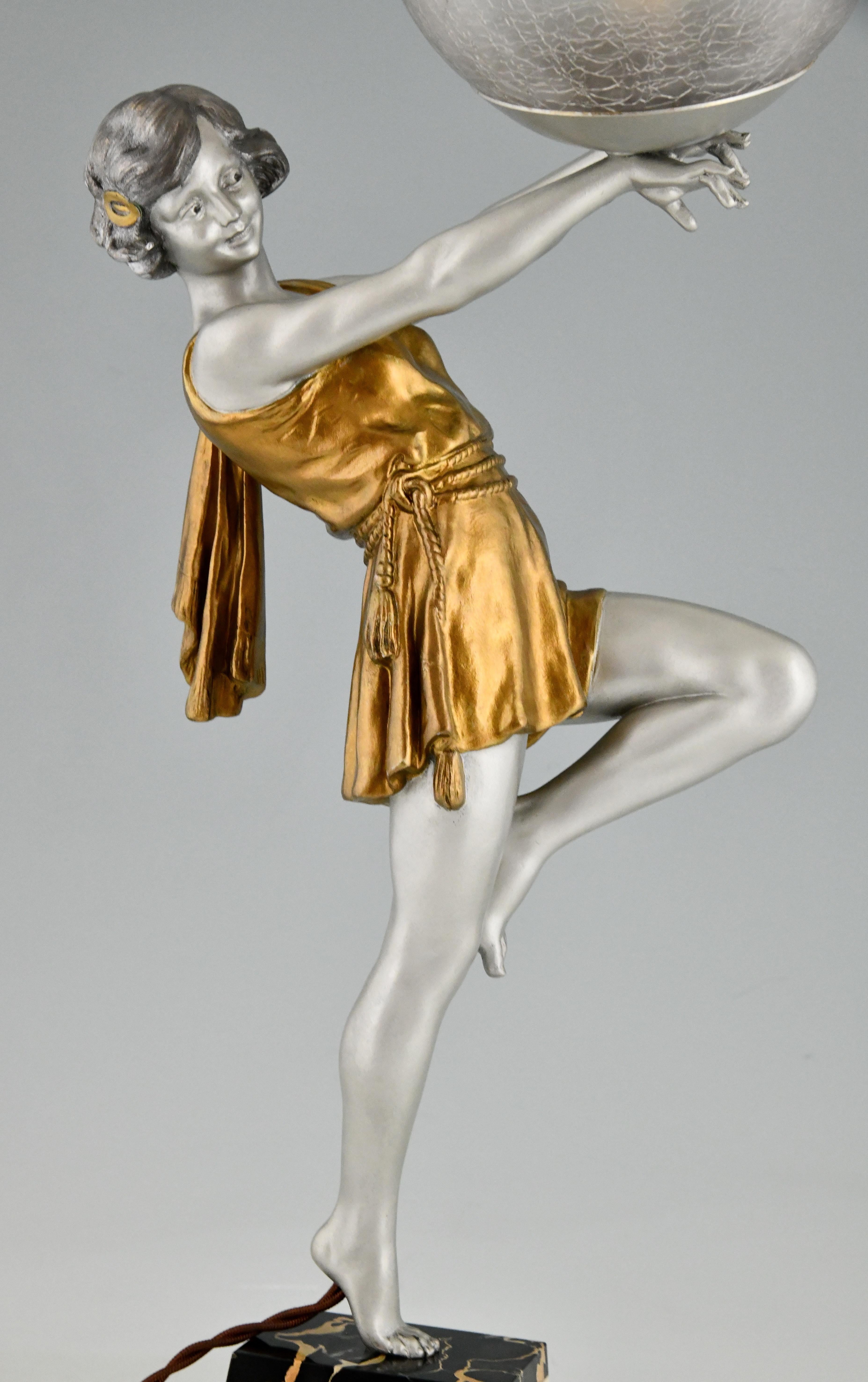 Art Deco Lamp Lady Holding a Ball by Emile Carlier, France, 1930 4