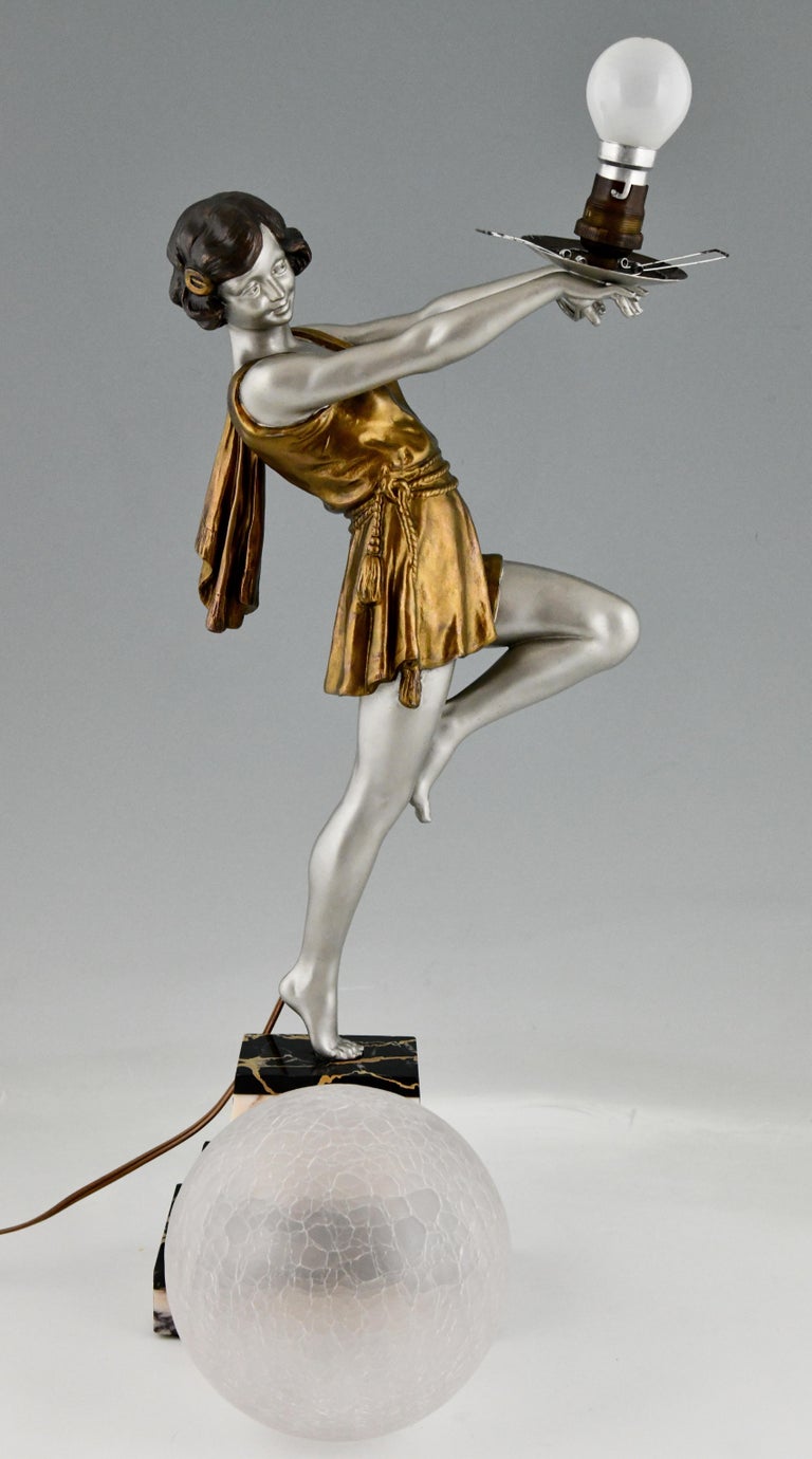 Art Deco Lamp Lady Holding a Ball by Emile Carlier, France, 1930 at 1stDibs