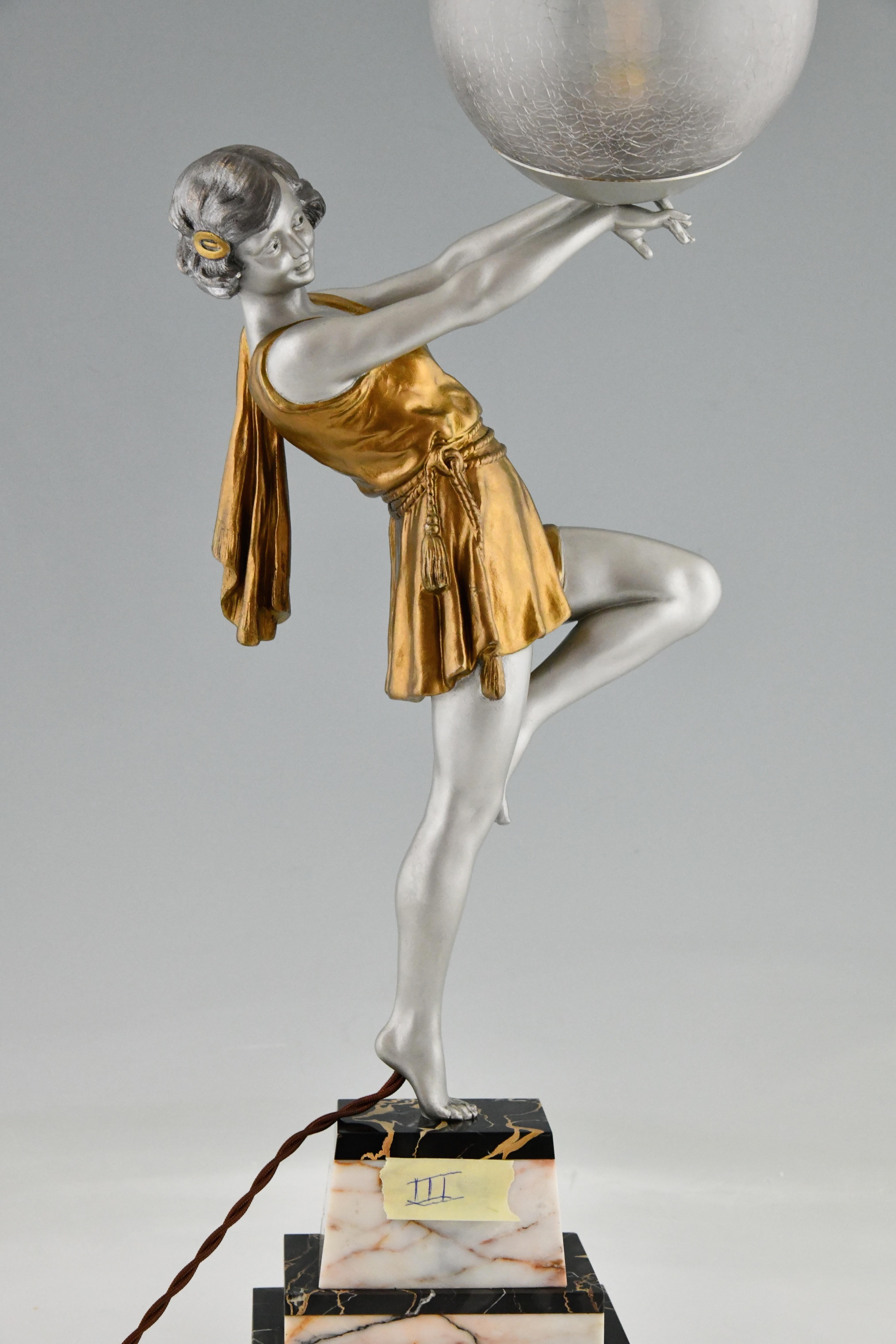 Art Deco Lamp Lady Holding a Ball by Emile Carlier, France, 1930 6