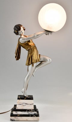 Art Deco Lamp Lady Holding a Ball by Emile Carlier, France, 1930