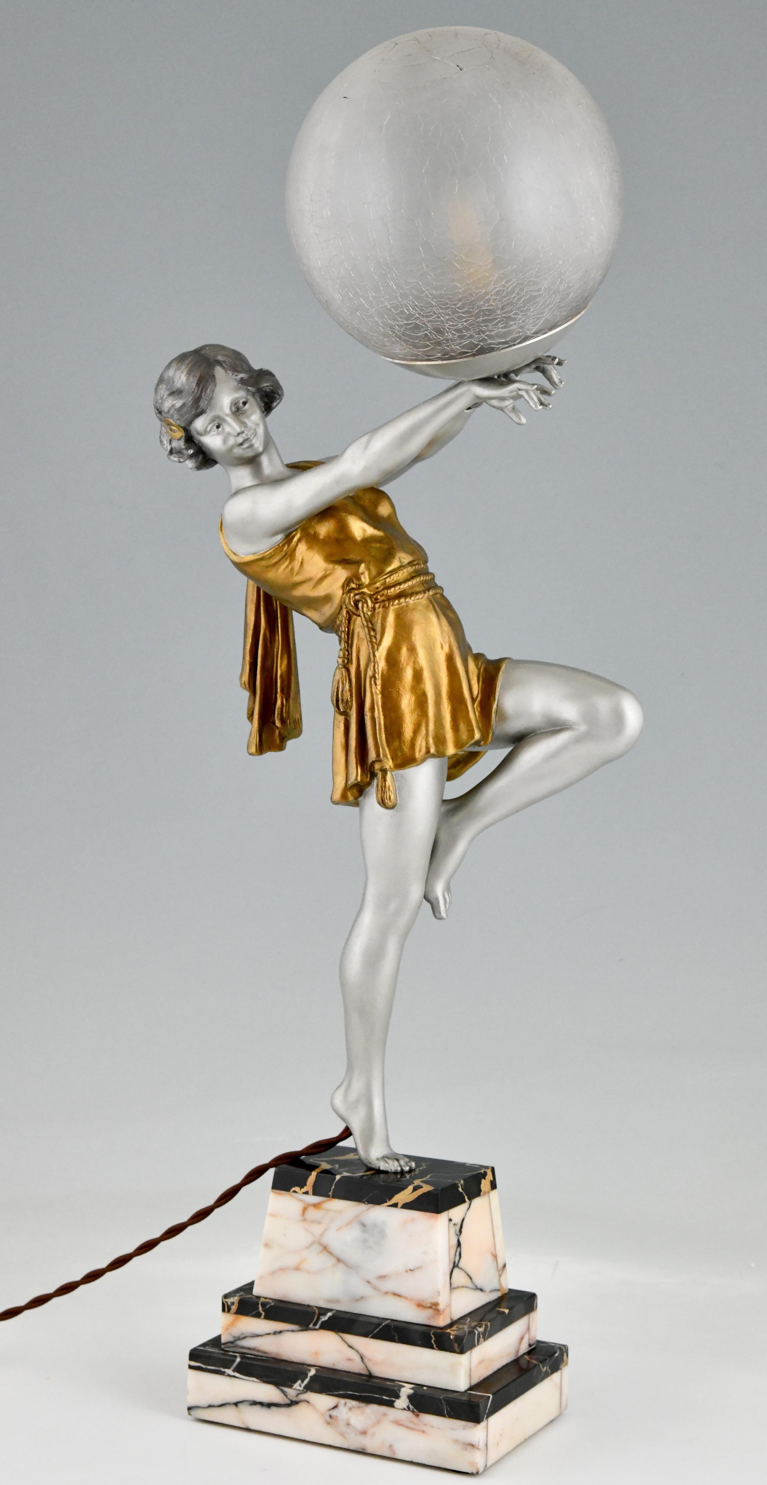 French Art Deco Lamp Lady Holding a Ball by Emile Carlier, France, 1930