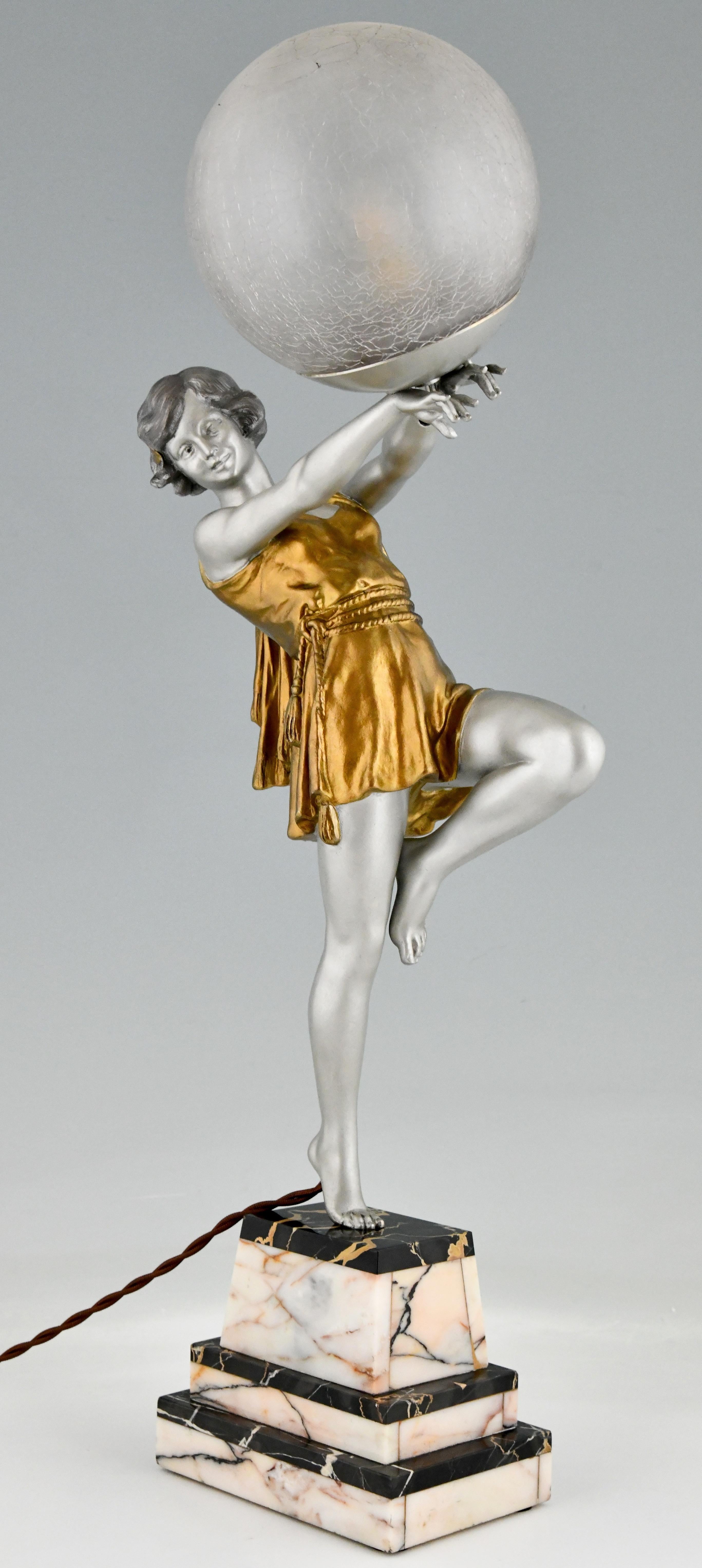 Art Deco Lamp Lady Holding a Ball by Emile Carlier, France, 1930 In Good Condition In Antwerp, BE