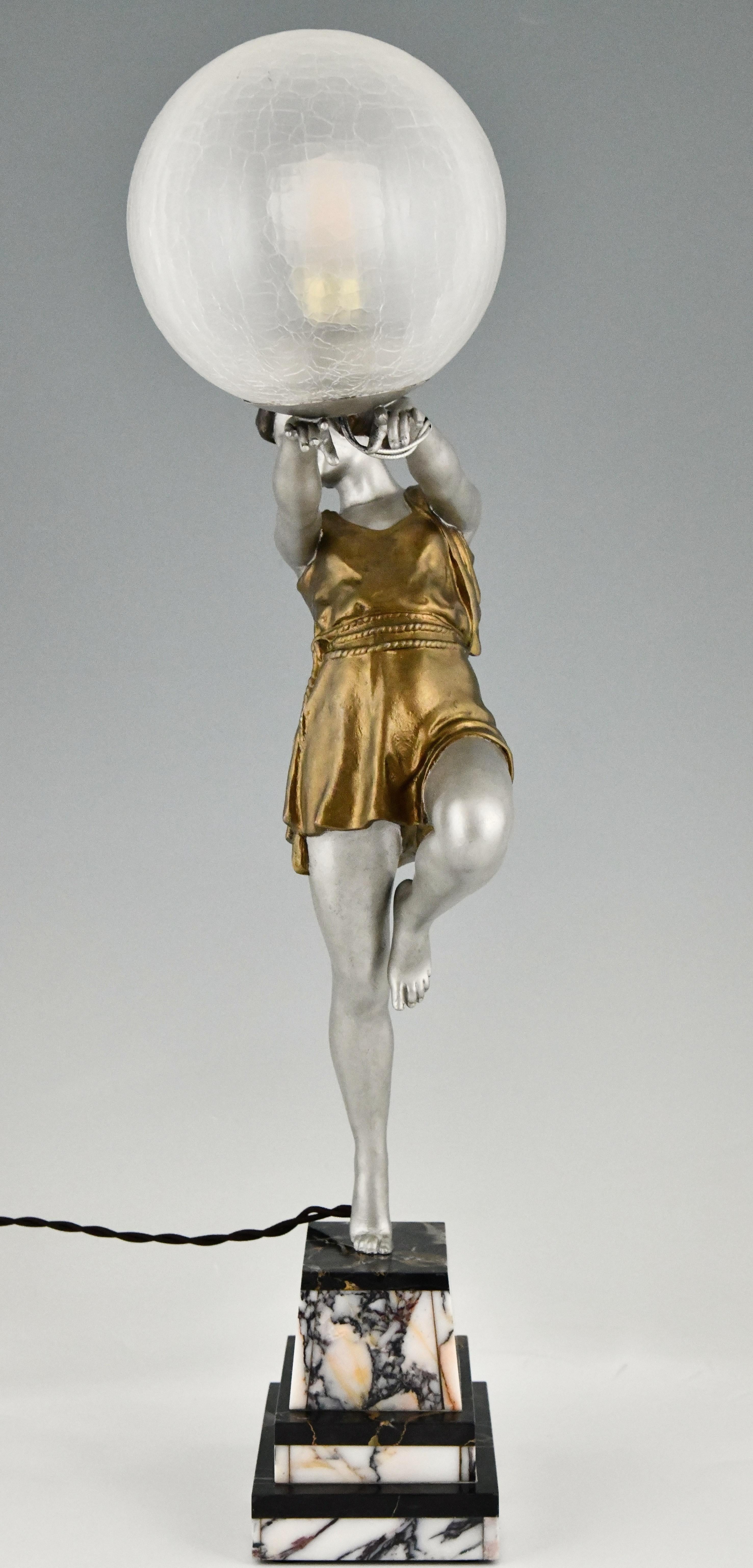 Patinated Art Deco Lamp Lady Holding a Ball by Emile Carlier, France, 1930