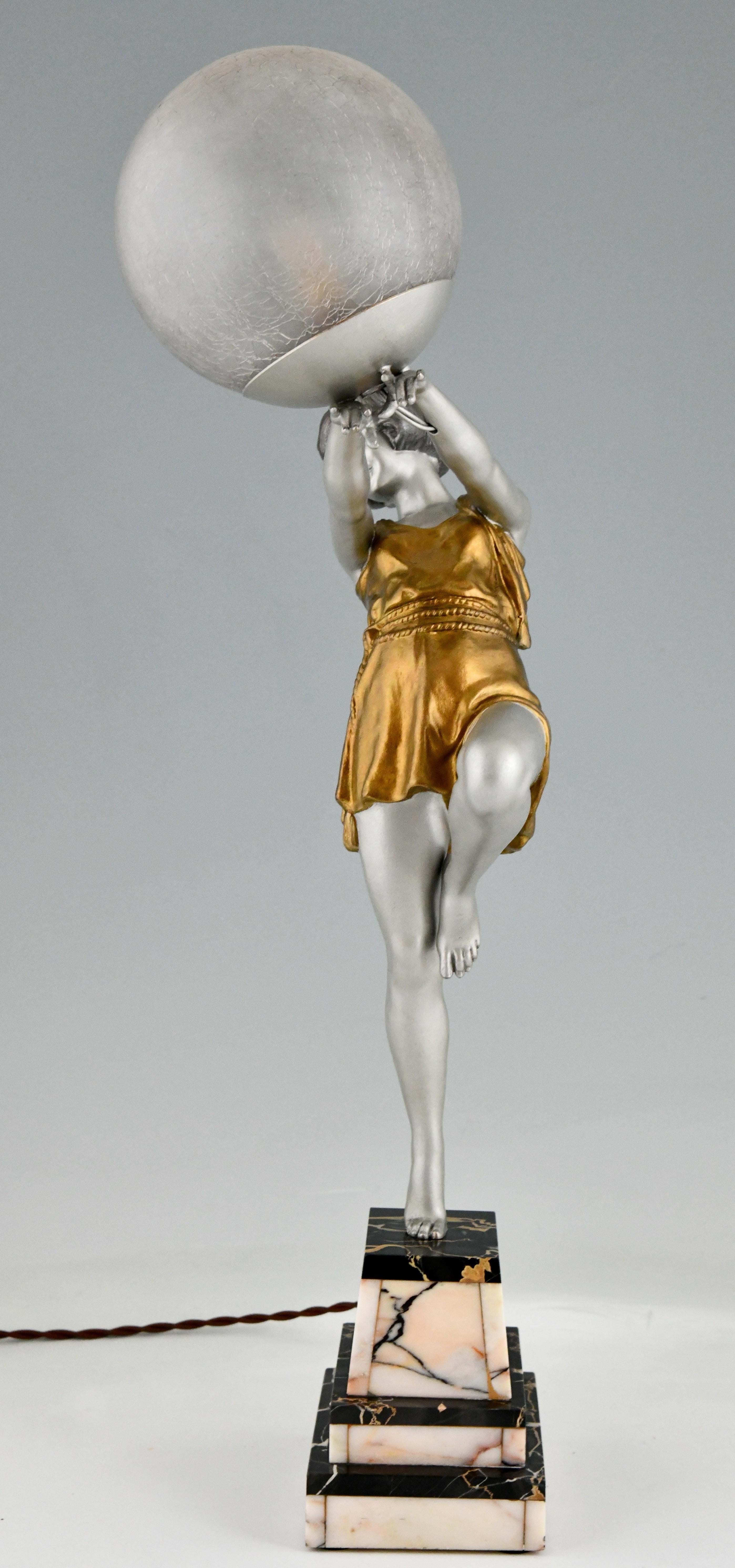 Mid-20th Century Art Deco Lamp Lady Holding a Ball by Emile Carlier, France, 1930