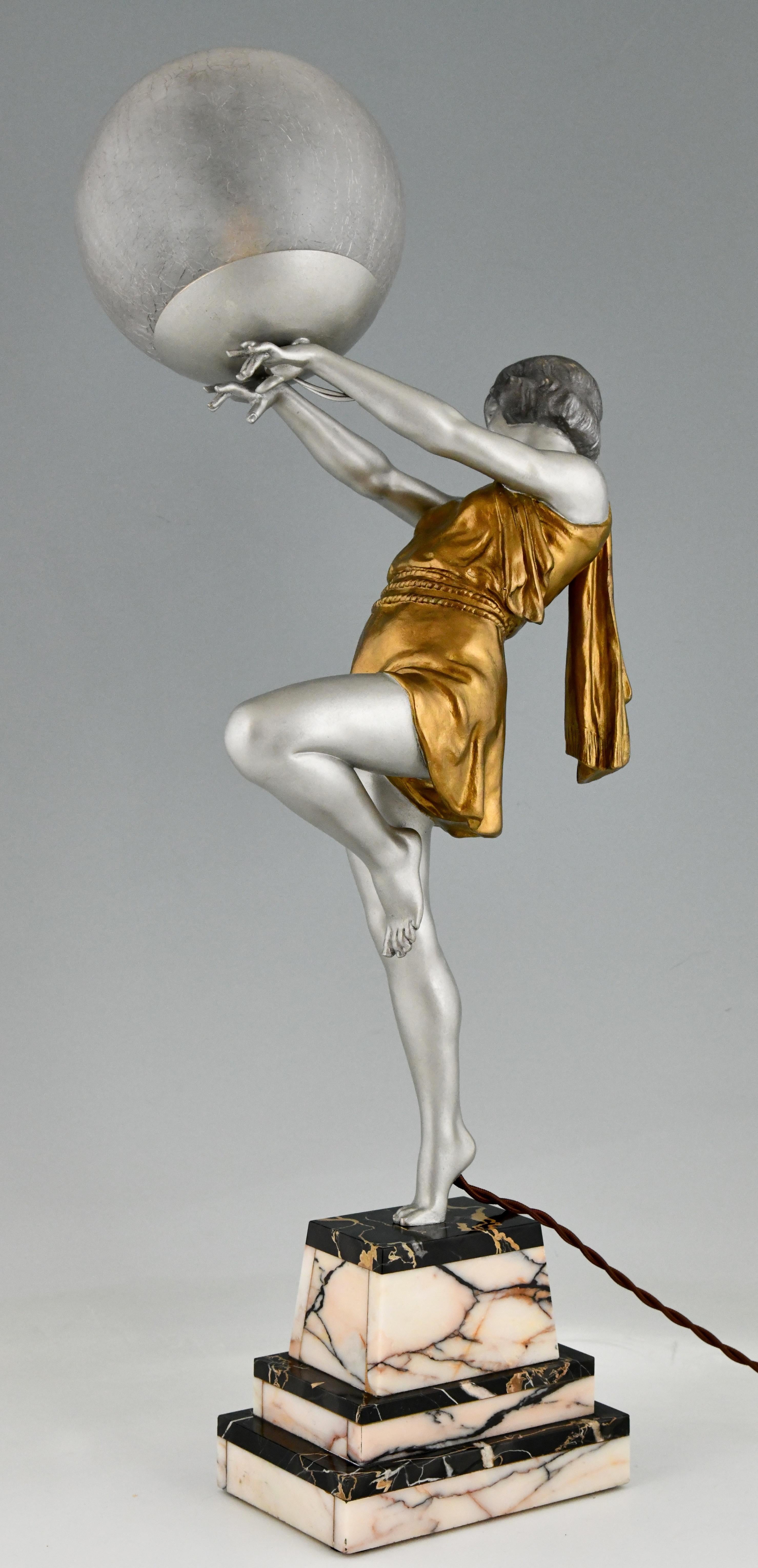 Metal Art Deco Lamp Lady Holding a Ball by Emile Carlier, France, 1930