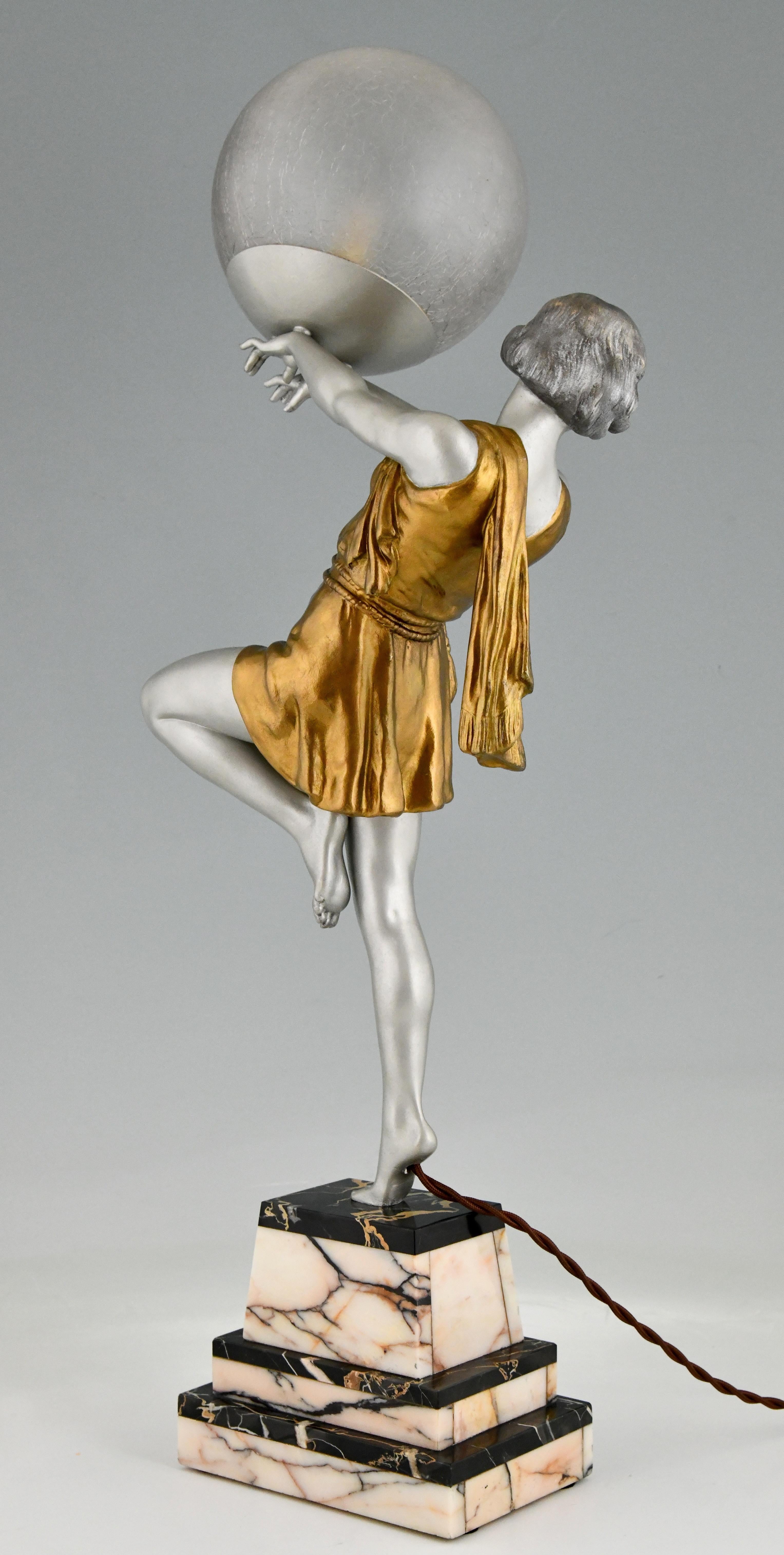 Art Deco Lamp Lady Holding a Ball by Emile Carlier, France, 1930 1