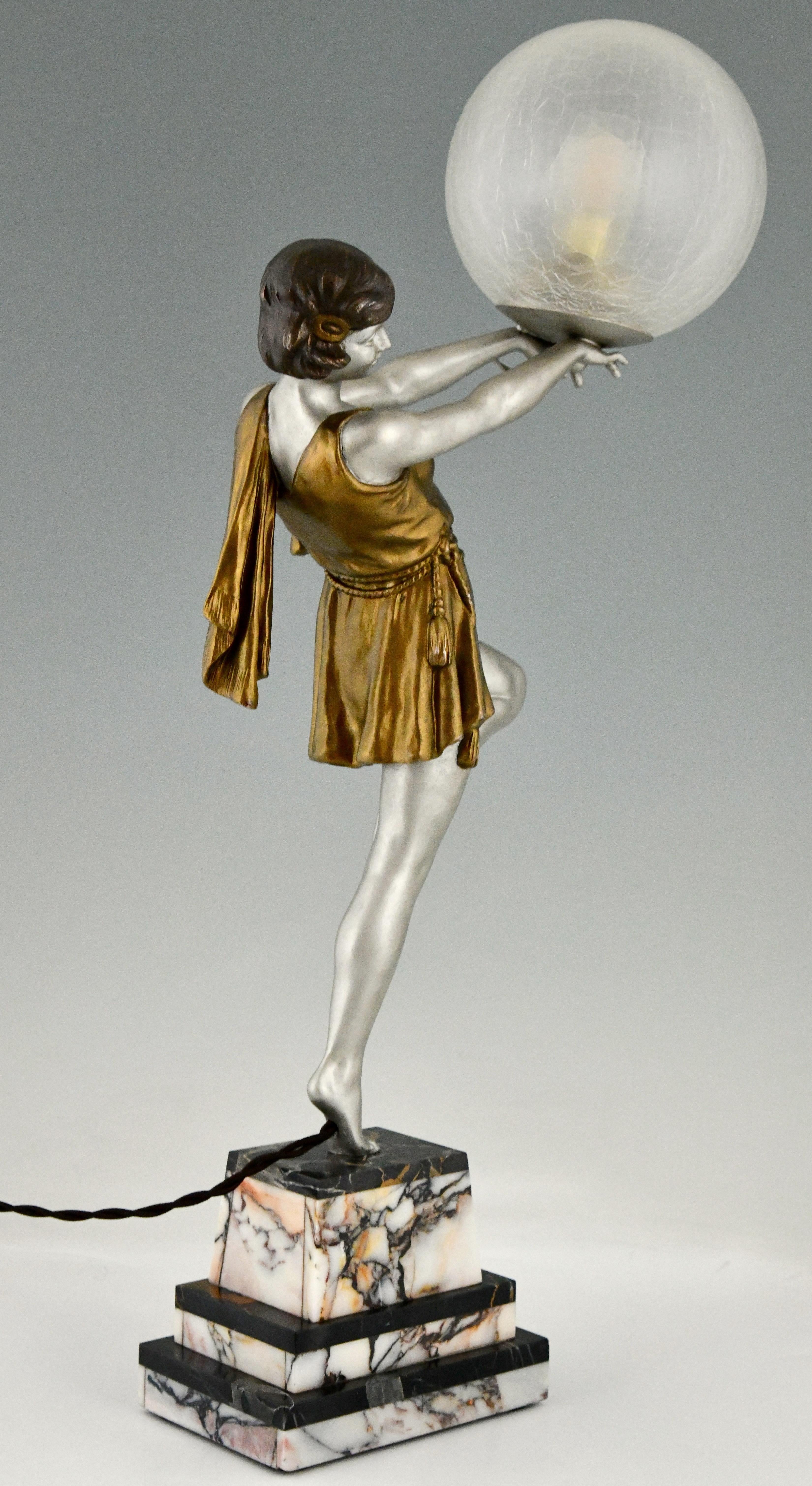 Metal Art Deco Lamp Lady Holding a Ball by Emile Carlier, France, 1930