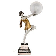 Vintage Art Deco Lamp Lady Holding a Ball by Emile Carlier, France, 1930