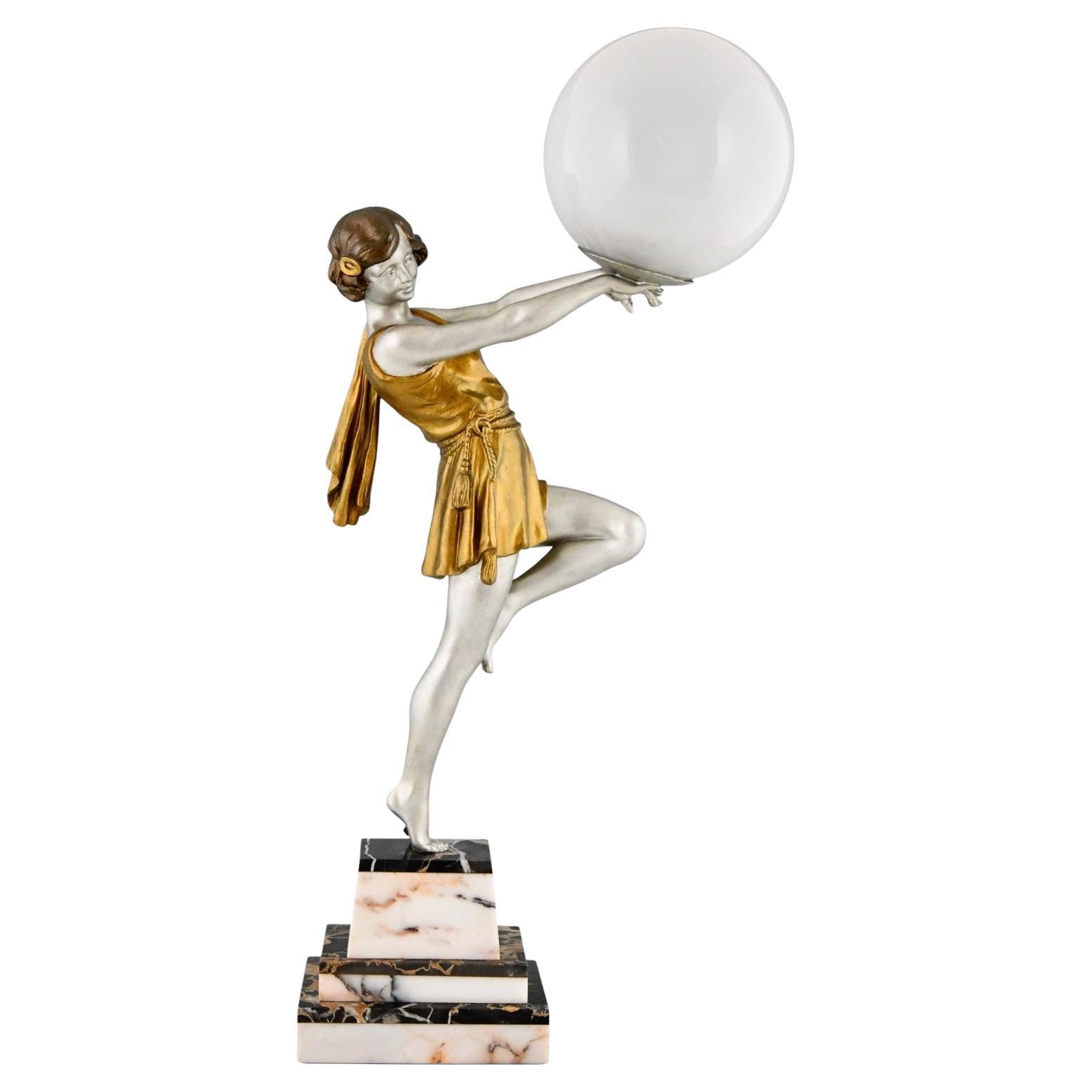Art Deco Lamp Lady Holding a Ball by Emile Carlier France 1930