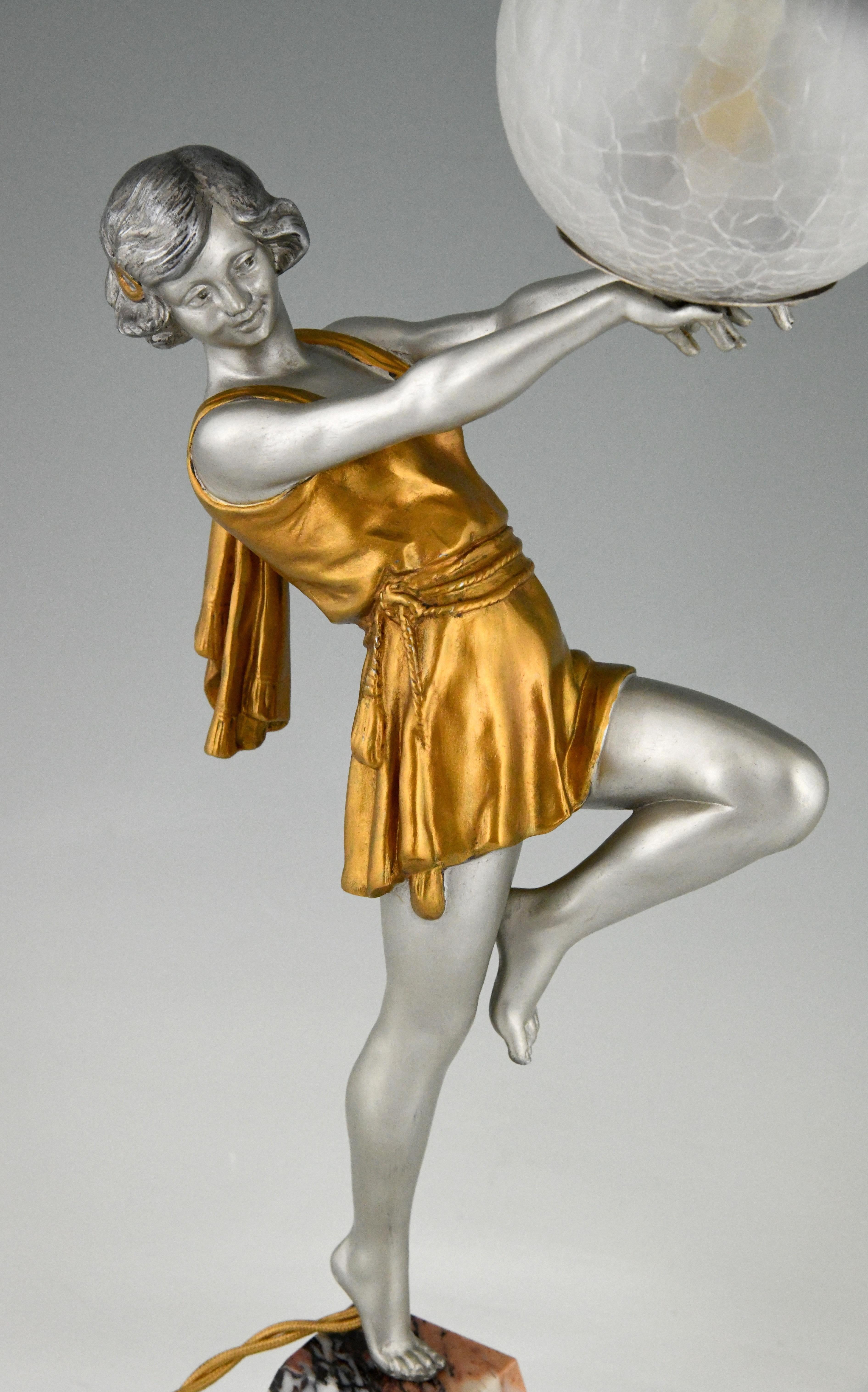 Metal Art Deco Lamp Lady Holding a Ball Emile Carlier, France, 1930