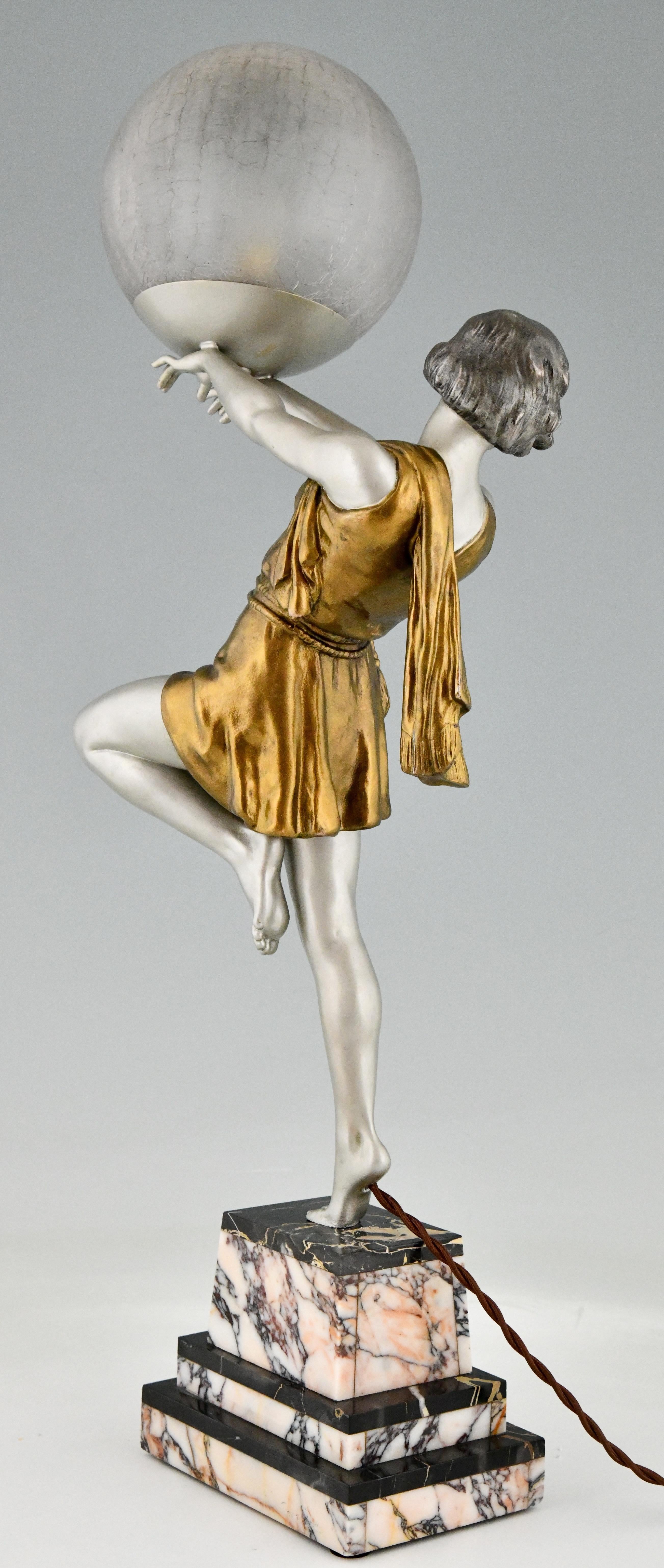 Art Deco Lamp Lady Holding a Ball Emile Carlier, France, 1930 In Good Condition In Antwerp, BE