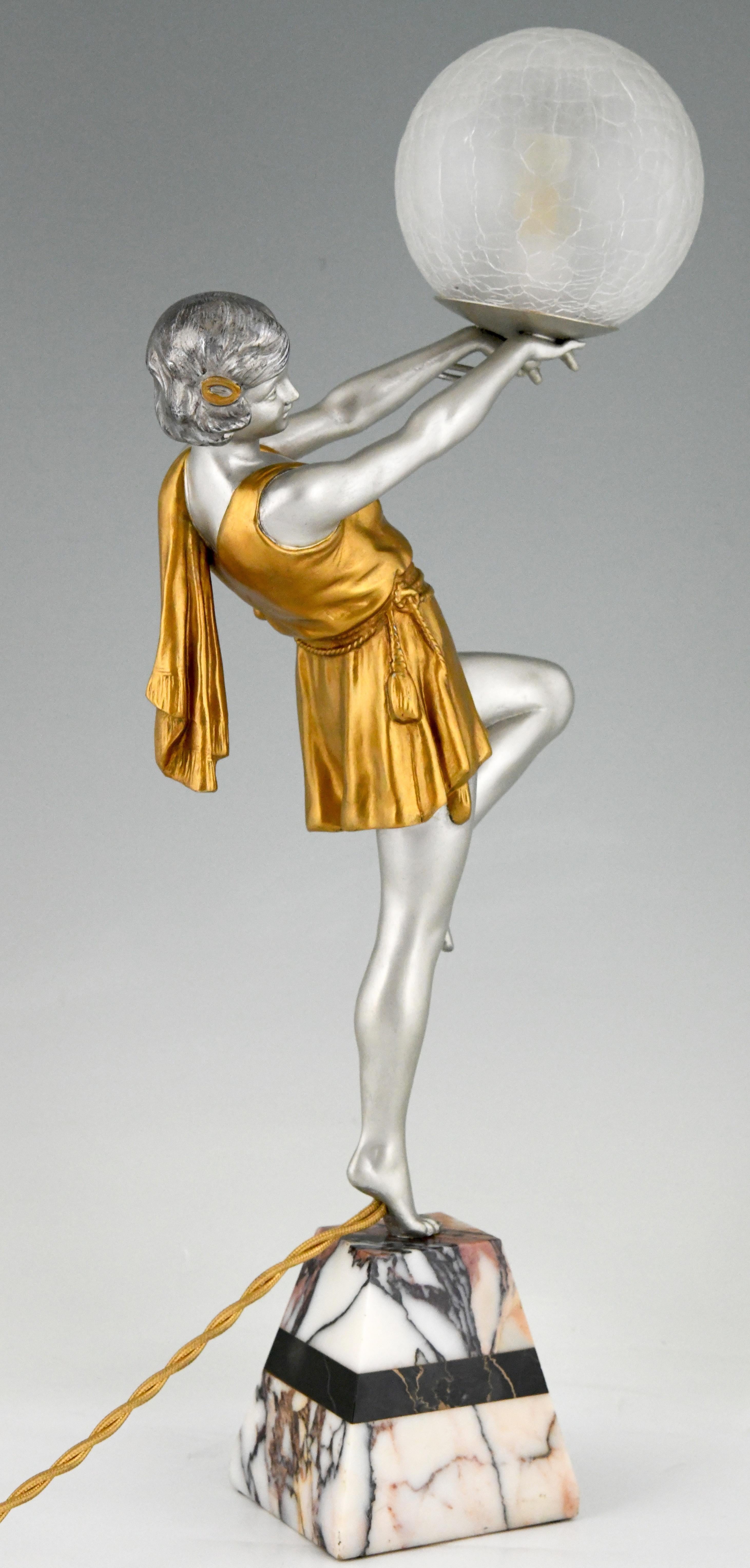 Mid-20th Century Art Deco Lamp Lady Holding a Ball Emile Carlier, France, 1930