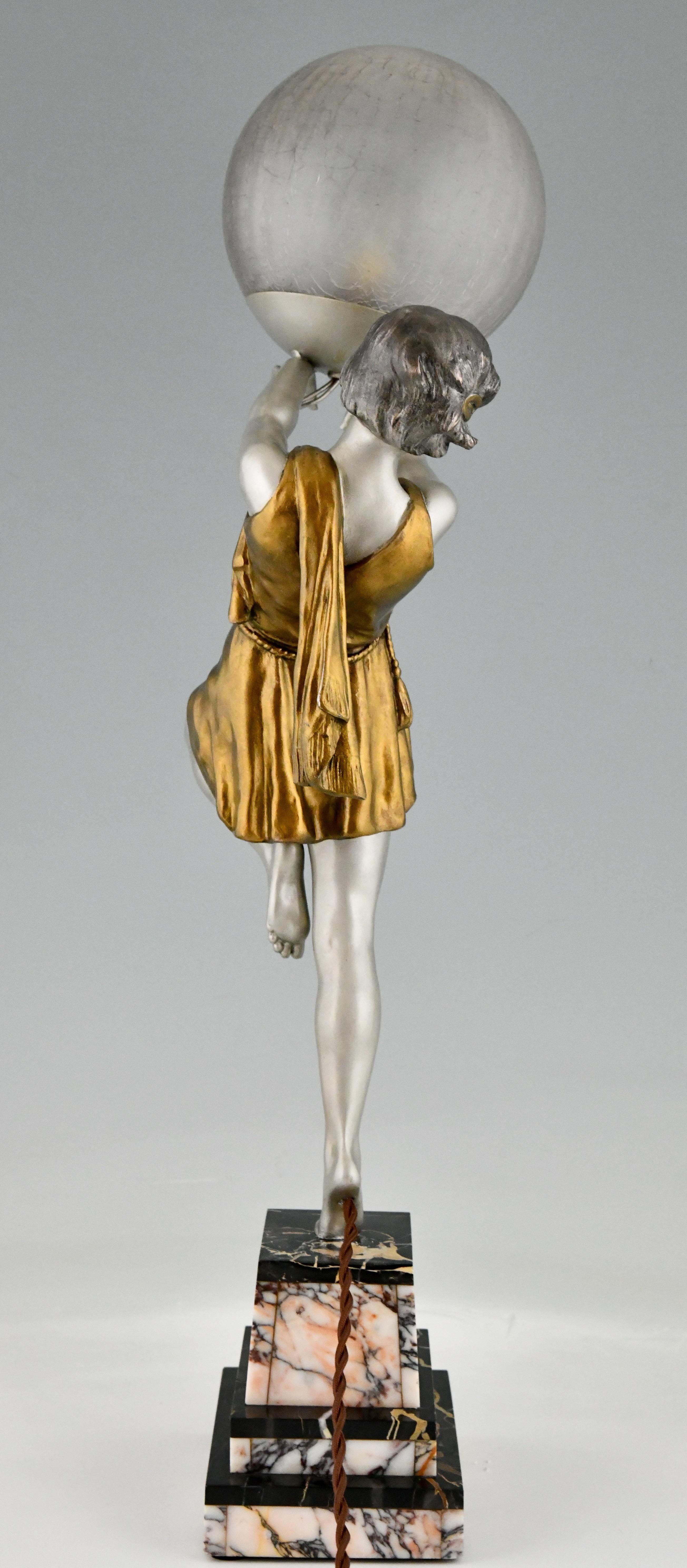Mid-20th Century Art Deco Lamp Lady Holding a Ball Emile Carlier, France, 1930