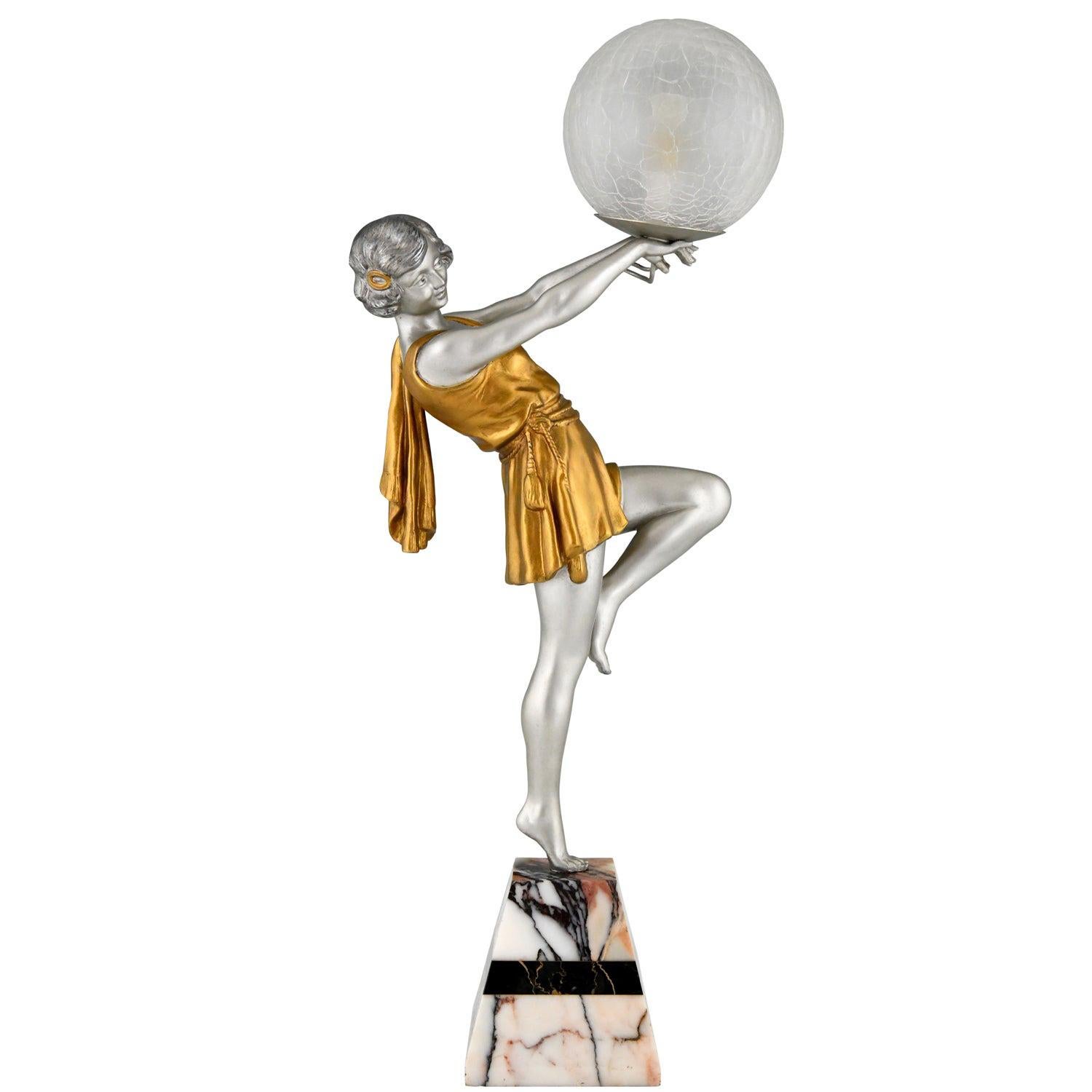 Art Deco Lamp Lady Holding a Ball Emile Carlier, France, 1930