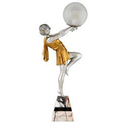 Vintage Art Deco Lamp Lady Holding a Ball Emile Carlier, France, 1930