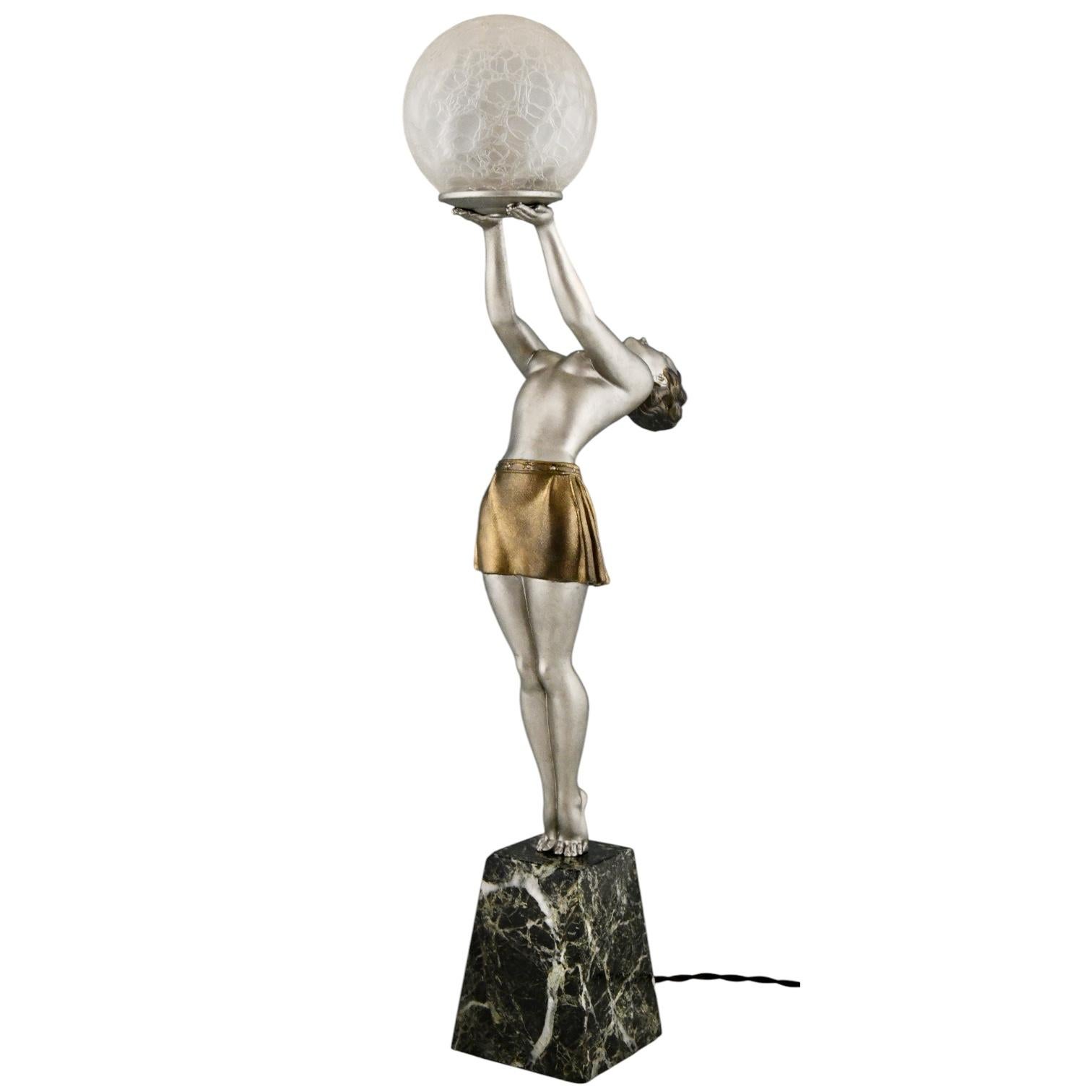 Art Deco lamp lady holding a glass globe by Enrique Molins Balleste, France 1930 In Good Condition For Sale In Antwerp, BE