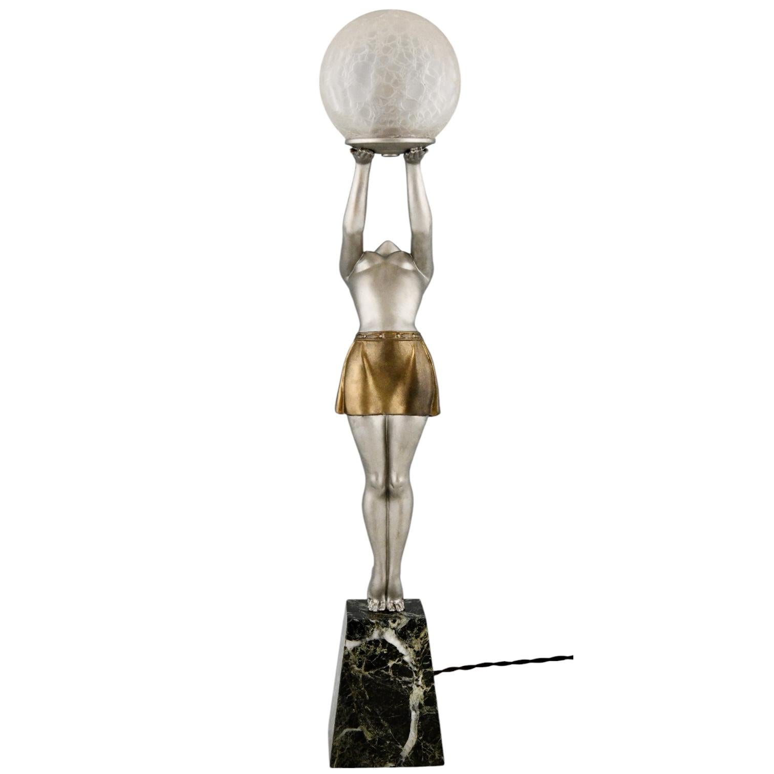 Mid-20th Century Art Deco lamp lady holding a glass globe by Enrique Molins Balleste, France 1930 For Sale