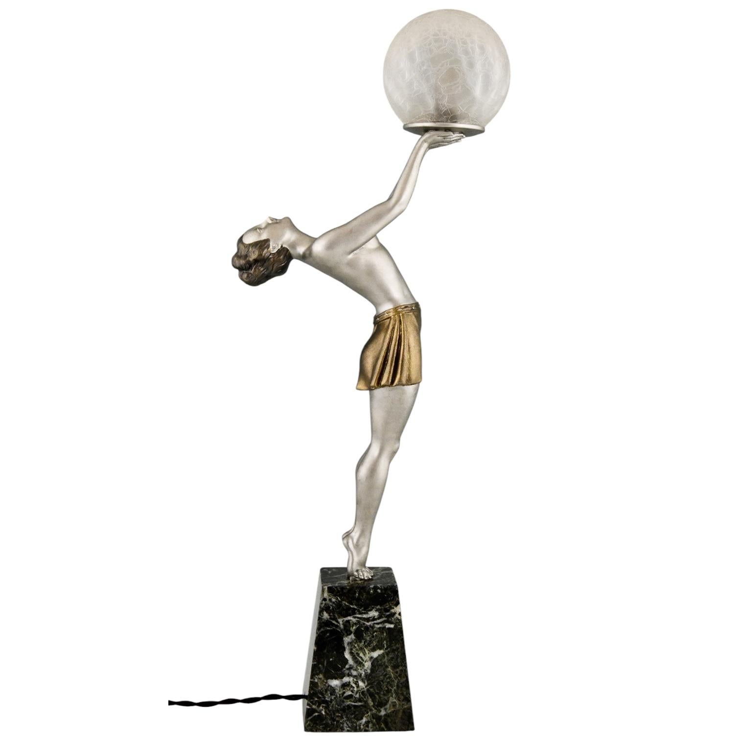 Art Deco lamp lady holding a glass globe by Enrique Molins Balleste, France 1930 For Sale 1