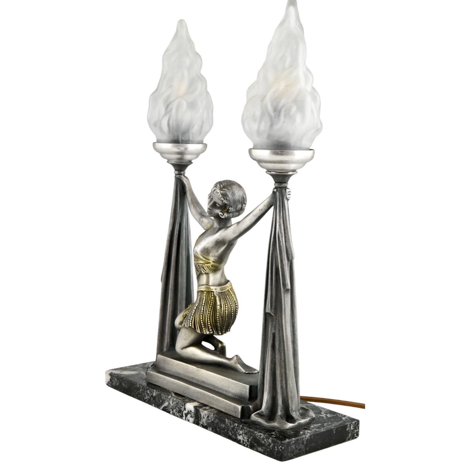 Mid-20th Century Art Deco Lamp Lady with Torches by Emile Carlier – 1930 French Sculpture For Sale