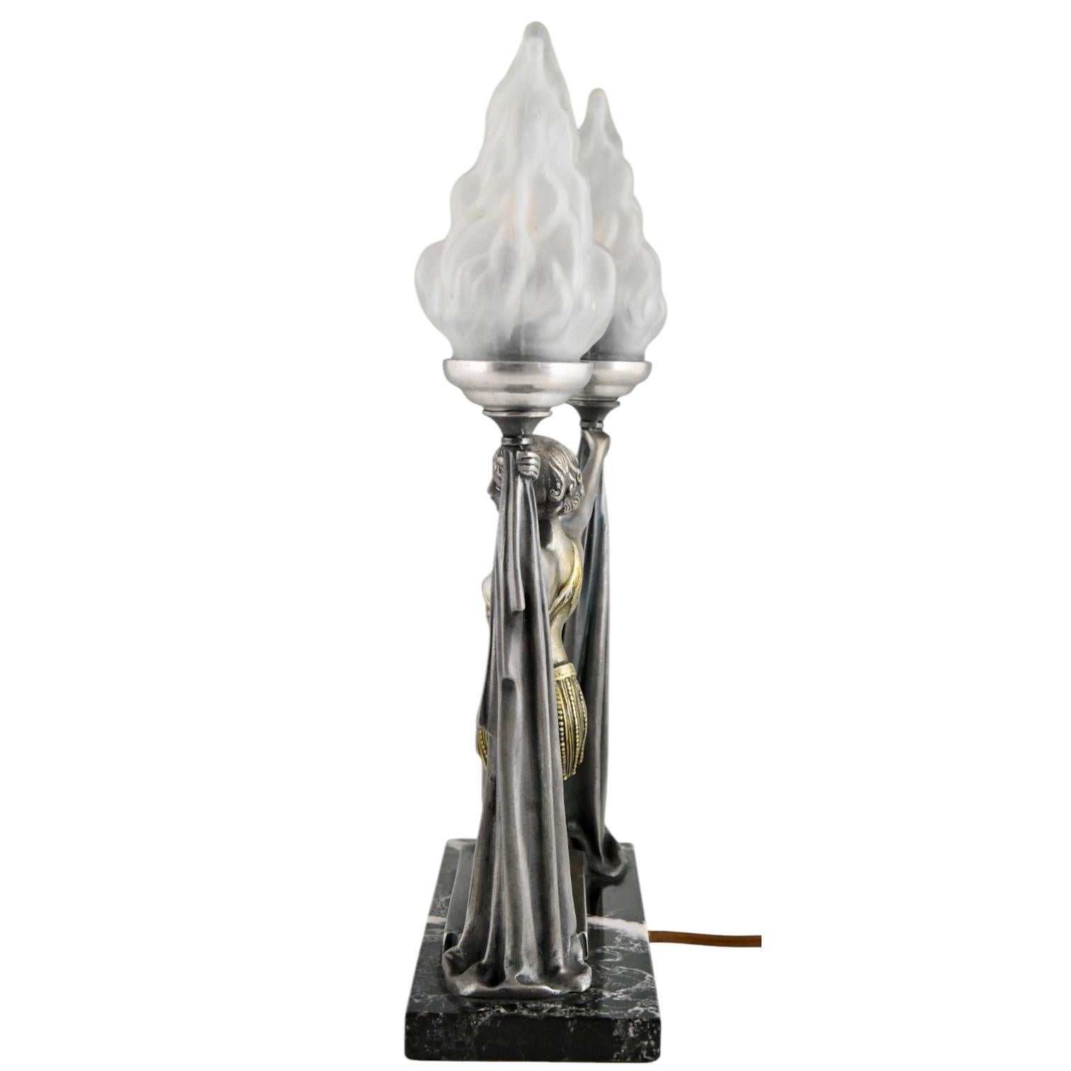 Metal Art Deco Lamp Lady with Torches by Emile Carlier – 1930 French Sculpture For Sale