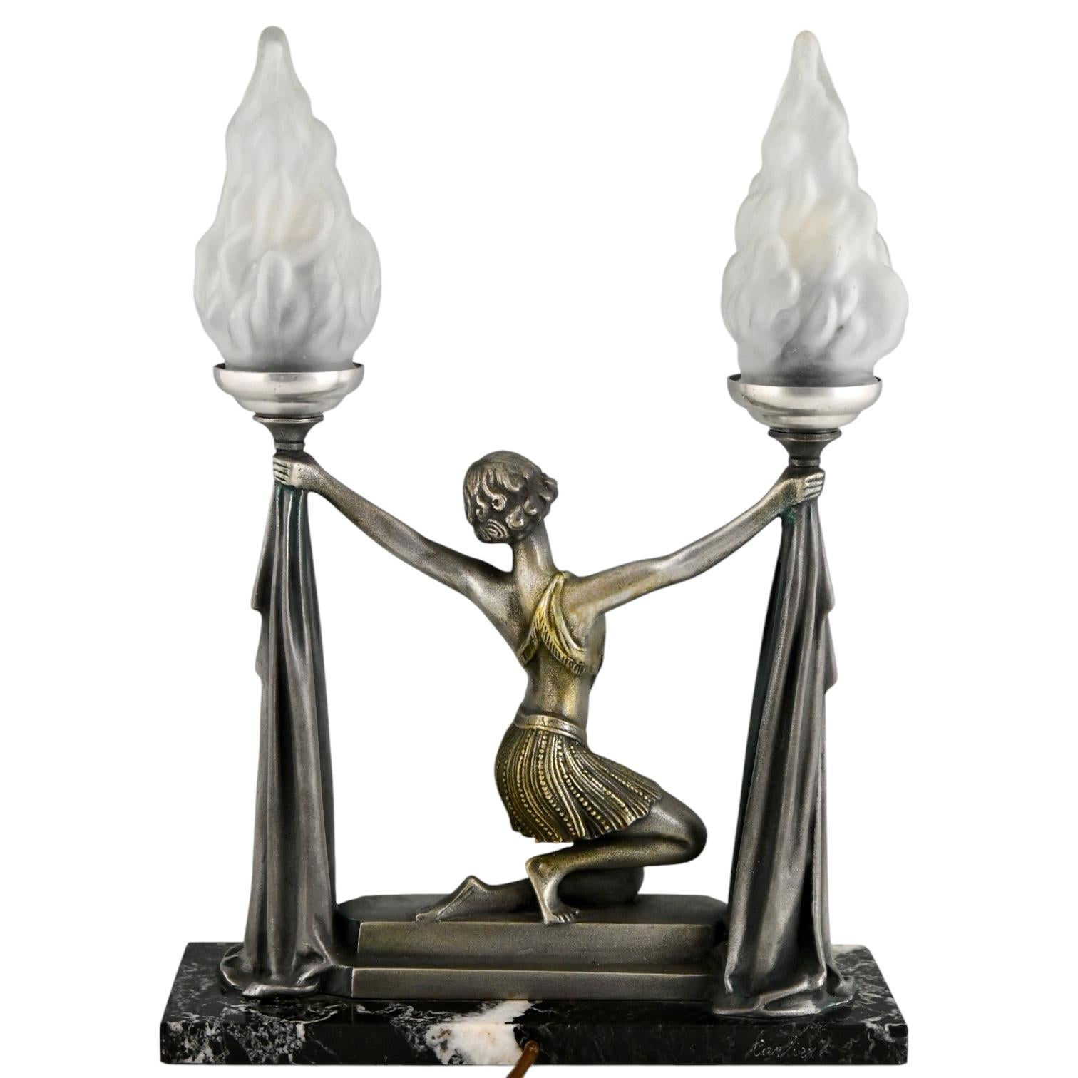 Art Deco Lamp Lady with Torches by Emile Carlier – 1930 French Sculpture For Sale 1